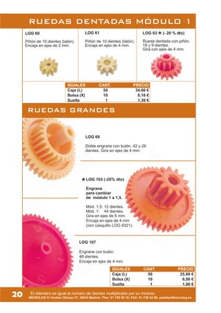 20
LOG 61
Piñón de 10 dientes (latón).
Encaja en ejes de 4 mm.
LOG 63 (- 20 % dto)
Rueda dentada con piñón.
18 y 9 dientes.
Gira con ejes de 4 mm.
MICROLOG C/ Andrés Obispo 37, 28043 Madrid; Tfno: 91 759 59 10; FAX: 91 759 54 80; pedidos@microlog.es
LOG 60
Piñón de 10 dientes (latón).
Encaja en ejes de 2 mm.
LOG 69
Doble engrane con bulón. 42 y 26
dientes. Gira en ejes de 4 mm.
RUEDAS GRANDES
El diámetro es igual al número de dientes multiplicado por su módulo.
LOG 107
Engrane con bulón.
48 dientes.
Encaja en ejes de 4 mm.
LOG 103 (-20% dto)
Engrane
para cambiar
de módulo 1 a 1,5.
Mód. 1,5: 12 dientes.
Mód. 1: 44 dientes.
Gira en ejes de 6 mm.
Encaja en ejes de 4 mm
(con casquillo LOG 9321).
RUEDAS DENTADAS MÓDULO 1
IGUALES CANT. PRECIO
Caja (L) 50 34,00 €
Bolsa (X) 10 8,16 €
Suelta 1 1,36 €
IGUALES CANT. PRECIO
Caja (L) 50 25,00 €
Bolsa (X) 10 6,00 €
Suelta 1 1,00 €
 