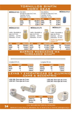 LOG CANT. PRECIO
244L 50 20,00 €
244X 10 4,80 €
244 1 0,80 €
24 I.V.A. INCLUIDO EN TODO EL CATÁLOGO
LOG 240: Para ejes de 2 mm.
LOG 241: Para ejes de 4 mm.
Latón. Ajustable a
ejes de 2 mm.
Carrera: 12 mm.
Diámetro: 10 mm.
Latón. Ajustable a
ejes de 4 mm.
Carrera: 18 mm.
Diámetro: 10 mm.
Latón. Ajustable a
ejes de 4 mm.
Carrera: 24 mm.
Diámetro: 14 mm.
MÓDULO 0,5
MÓDULO 1MÓDULO 0,75MÓDULO 0,5
MÓDULO 0,5 De latón.
Encaja en ejes de 2 mm.
Carrera: 9 mm.
Diámetro: 6 mm.
De plástico.
Encaja en ejes de 2 mm.
Carrera: 9 mm.
Diámetro: 6 mm.
Sinfín de plástico
página 27
LOG 242: Para ejes de 2 mm.
LOG 243: Para ejes de 4 mm.
BARRAS ROSCADAS M4
THREADED SHAFT
Longitud 24 cm. Longitud 50 cm.
MICROLOG C/ Andrés Obispo 37, 28043 Madrid; Tfno: 91 759 59 10; FAX: 91 759 54 80; pedidos@microlog.es
LEVAS Y EXCÉNTRICAS DE ALUMINIO
CAMS & SCCENTRIC
TORNILLOS SINFÍN
WORM GEAR
LOG CANT. PRECIO
246L 50 9,00 €
246X 10 2,20 €
246 1 0,36 €
LOG CANT. PRECIO
245L 50 65,00 €
245X 10 15,60 €
245 1 2,60 €
LOG CANT. PRECIO
247L 50 87,50 €
247X 10 21,00 €
247 1 3,50 €
LOG CANT. PRECIO
249L 50 110,50 €
249X 10 26,50 €
249 1 4,42 €
LOG CANT. PRECIO
407GL 50 35,00 €
407GX 10 8,40 €
407G 1 1,40 €
LOG CANT. PRECIO
407L 50 22,50 €
407X 10 5,40 €
407 1 0,90 €
IGUALES CANT. PRECIO
Caja (L) 50 86,00 €
Bolsa (X) 10 20,60 €
Suelta 1 3,44 €
 