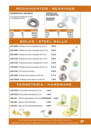 LOS PRECIOS SE MANTIENEN HASTA EL 31 DE AGOSTO DE 2014
FERRETERÍA / HARDWARE
RODAMIENTOS / BEARINGS
LOG 452
LOG 453
MICROLOG C/ Andrés Obispo 37, 28043 Madrid; Tfno: 91 759 59 10; FAX: 91 759 54 80; pedidos@microlog.es
LOG 452X10 Escuadras doradas de 2 cm. 1,45 €
LOG 453X10 Escuadras doradas de 3 cm. 1,85 €
LOG 454 100 Encuadernadores 18 mm LATONADOS. 6,90 €
LOG 494 Caja de 100 chinchetas. 1,50 €
LOG 496 Caja de 22 chinchetas latonadas 0,90 €
LOG 494
LOG 454
27
RODAMIENTOS / BEARINGS
Con agujero central de 12 mm
y 13 bolas de 6 mm.
SOPORTE DE
RODAMIENTOS
BEARINGS
SUPPORT
BOLAS / STEEL BALLS
LOG 404X 10 Bolas de acero niquelado de 4 mm. 0,30 €
LOG 406X 10 Bolas de acero niquelado de 6,5 mm. 0,55 €
LOG 409X 10 Bolas de acero niquelado de 9 mm. 1,25 €
LOG 412X 10 Bolas de acero niquelado de 12 mm. 2,95 €
LOG 415X 10 Bolas de acero niquelado de 15 mm. 6,16 €
LOG 420X 10 Bolas de acero niquelado de 20 mm. 9,23 €
LOG 416C 100 Canicas de vidrio. 4,20 €
LOG 430X 10 Bolas corcho blanco de 30 mm. 3,71 €
LOG 430GX 10 Bolas corcho blanco de 50 mm. 7,40 €
LOG CANT. PRECIO
410L 50 56,00 €
410X 10 13,40 €
410 1 2,24 €
LOG CANT. PRECIO
411L 50 53,50 €
411X 10 12,80 €
411 1 2,14 €
 