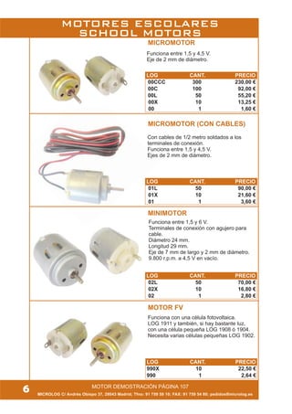 MOTOR DEMOSTRACIÓN PÁGINA 107
MICROLOG C/ Andrés Obispo 37, 28043 Madrid; Tfno: 91 759 59 10; FAX: 91 759 54 80; pedidos@microlog.es
Funciona entre 1,5 y 4,5 V.
Eje de 2 mm de diámetro.
MICROMOTOR
MICROMOTOR (CON CABLES)
Con cables de 1/2 metro soldados a los
terminales de conexión.
Funciona entre 1,5 y 4,5 V.
Ejes de 2 mm de diámetro.
Funciona entre 1,5 y 6 V.
Terminales de conexión con agujero para
cable.
Diámetro 24 mm.
Longitud 29 mm.
Eje de 7 mm de largo y 2 mm de diámetro.
9.800 r.p.m. a 4,5 V en vacío.
MINIMOTOR
MOTOR FV
Funciona con una célula fotovoltaica.
LOG 1911 y también, si hay bastante luz,
con una célula pequeña LOG 1908 ó 1904.
Necesita varias células pequeñas LOG 1902.
6
MOTORES ESCOLARES
SCHOOL MOTORS
LOG CANT. PRECIO
00CCC 300 230,00 €
00C 100 92,00 €
00L 50 55,20 €
00X 10 13,25 €
00 1 1,60 €
LOG CANT. PRECIO
01L 50 90,00 €
01X 10 21,60 €
01 1 3,60 €
LOG CANT. PRECIO
02L 50 70,00 €
02X 10 16,80 €
02 1 2,80 €
LOG CANT. PRECIO
990X 10 22,50 €
990 1 2,64 €
 