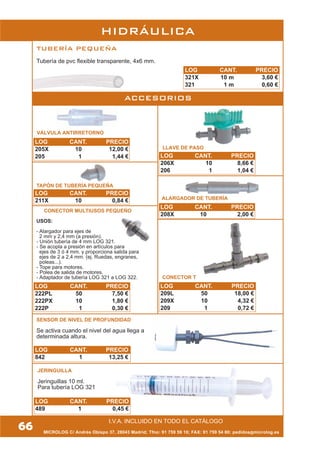 JERINGUILLA
Jeringuillas 10 ml.
Para tubería LOG 321
CONECTOR T
HIDRÁULICA
Tubería de pvc flexible transparente, 4x6 mm.
TUBERÍA PEQUEÑA
ACCESORIOS
CONECTOR MULTIUSOS PEQUEÑO
USOS:
- Alargador para ejes de
2 mm y 2,4 mm (a presión).
- Unión tubería de 4 mm LOG 321.
- Se acopla a presión en artículos para
ejes de 3 ó 4 mm. y proporciona salida para
ejes de 2 a 2,4 mm. (ej. Ruedas, engranes,
poleas...).
- Tope para motores.
- Polea de salida de motores.
- Adaptador de tubería LOG 321 a LOG 322.
VÁLVULA ANTIRRETORNO
LLAVE DE PASO
TAPÓN DE TUBERÍA PEQUEÑA
ALARGADOR DE TUBERÍA
SENSOR DE NIVEL DE PROFUNDIDAD
Se activa cuando el nivel del agua llega a
determinada altura.
LOG CANT. PRECIO
205X 10 12,00 €
205 1 1,44 € LOG CANT. PRECIO
206X 10 8,66 €
206 1 1,04 €
LOG CANT. PRECIO
211X 10 0,84 €
LOG CANT. PRECIO
208X 10 2,00 €
LOG CANT. PRECIO
209L 50 18,00 €
209X 10 4,32 €
209 1 0,72 €
LOG CANT. PRECIO
222PL 50 7,50 €
222PX 10 1,80 €
222P 1 0,30 €
LOG CANT. PRECIO
842 1 13,25 €
LOG CANT. PRECIO
489 1 0,45 €
LOG CANT. PRECIO
321X 10 m 3,60 €
321 1 m 0,60 €
MICROLOG C/ Andrés Obispo 37, 28043 Madrid; Tfno: 91 759 59 10; FAX: 91 759 54 80; pedidos@microlog.es
66
I.V.A. INCLUIDO EN TODO EL CATÁLOGO
 