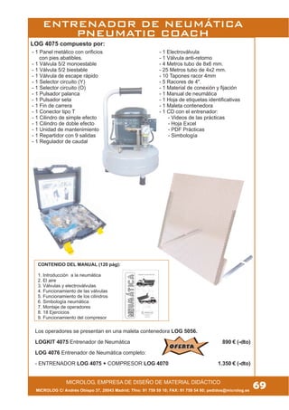 - 1 Panel metálico con orificios
con pies abatibles.
- 1 Válvula 5/2 monoestable
- 1 Válvula 5/2 biestable
- 1 Válvula de escape rápido
- 1 Selector circuito (Y)
- 1 Selector circuito (O)
- 1 Pulsador palanca
- 1 Pulsador seta
- 1 Fin de carrera
- 1 Conector tipo T
- 1 Cilindro de simple efecto
- 1 Cilindro de doble efecto
- 1 Unidad de mantenimiento
- 1 Repartidor con 9 salidas
- 1 Regulador de caudal
- 1 Electroválvula
- 1 Válvula anti-retorno
- 4 Metros tubo de 8x6 mm.
- 25 Metros tubo de 4x2 mm.
- 10 Tapones racor 4mm
- 5 Racores de 4".
- 1 Material de conexión y fijación
- 1 Manual de neumática
- 1 Hoja de etiquetas identificativas
- 1 Maleta contenedora
- 1 CD con el entrenador:
- Videos de las prácticas
- Hoja Excel
- PDF Prácticas
- Simbología
Los operadores se presentan en una maleta contenedora LOG 5056.
LOGKIT 4075 Entrenador de Neumática 890 € (-dto)
LOG 4076 Entrenador de Neumática completo:
- ENTRENADOR LOG 4075 + COMPRESOR LOG 4070 1.350 € (-dto)
CONTENIDO DEL MANUAL (120 pág):
1. Introducción a la neumática
2. El aire
3. Válvulas y electroválvulas
4. Funcionamiento de las válvulas
5. Funcionamiento de los cilindros
6. Simbología neumática
7. Montaje de operadores
8. 18 Ejercicios
9. Funcionamiento del compresor
LOG 4075 compuesto por:
MICROLOG, EMPRESA DE DISEÑO DE MATERIAL DIDÁCTICO
MICROLOG C/ Andrés Obispo 37, 28043 Madrid; Tfno: 91 759 59 10; FAX: 91 759 54 80; pedidos@microlog.es
69
ENTRENADOR DE NEUMÁTICA
PNEUMATIC COACH
OFERTAOFERTA
 