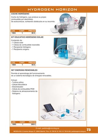 MICROLOG C/ Andrés Obispo 37, 28043 Madrid; Tfno: 91 759 59 10; FAX: 91 759 54 80; pedidos@microlog.es
73E-mail: pedidos@microlog.es
HYDROGEN HORIZON
Coche de hidrógeno, que produce su propio
combustible por electrólisis.
Se autoconduce, sorteando obstáculos en su recorrido.
COCHE HIDRÓGENO
Contenido de:
- 1 Célula solar
- 1 Célula de combustible reversible
- 1 Recipiente hidrógeno
- 1 Recipiento oxígeno
KIT EDUCATIVO HIDRÓGENO SOLAR
Permite el aprendizaje del funcionamiento
de un sistema tecnológico de energías renovables.
Incluye:
- Turbina eólica
- Célula fotovoltaica
- Electrolizador
- Célula de combustible PEM
- Sistema de almacenamiento de
hidrógeno
SET ENERGÍAS RENOVABLES
LOG CANT. PRECIO
1983 1 90 €
LOG CANT. PRECIO
1984 1 95 €
LOG CANT. PRECIO
1985 1 260 €
 