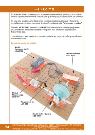 MICROLOG C/ Andrés Obispo 37, 28043 Madrid; Tfno: 91 759 59 10; FAX: 91 759 54 80; pedidos@microlog.es
Alargador de eje
LOG 222
Minikit Sinfín / Corona
LOG 9020
ENTRENADORES DIDÁCTICOS - MICROLOG - ESTÁN HOMOLOGADOS POR DIVERSAS
CONSEJERIAS DE EDUCACIÓN
Minikit
Portapilas de 3V.
LOG 9532
Minikit Pulsador
LOG 9540
Minikit
Motor básico
LOG 9001
MINIKITS
Ejemplo de uso de los minikits:
74
En el desarrollo de un nuevo producto se construyen modelos que hay que modificar
muchas veces hasta encontrar una solución que cumpla con los requisitos del proyecto.
En esta fase ayuda mucho disponer de módulos simples reutilizables y fácilmente
encajables que permitan concentrar la atención en lo esencial: "el proceso creativo".
Para ello MICROLOG ha creado los MINIKITS, partes independientes que pueden
ser utilizadas en diferentes montajes y maquetas. Las bases son de plástico de
4x6 cm LOG 309.
Los minikits son para montar con operaciones básicas: pegar, atornillar y empalmar o
soldar conexiones.
 