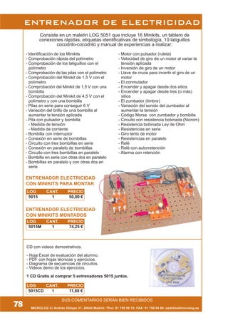 MICROLOG C/ Andrés Obispo 37, 28043 Madrid; Tfno: 91 759 59 10; FAX: 91 759 54 80; pedidos@microlog.es
ENTRENADOR ELECTRICIDAD
CON MINIKITS MONTADOS
CD con videos demostrativos.
- Hoja Excel de evaluación del alumno.
- PDF con hojas técnicas y ejercicios.
- Diagrama de secuencias de circuitos.
- Videos demo de los ejercicios.
1 CD Gratis al comprar 5 entrenadores 5015 juntos.
78
SUS COMENTARIOS SERÁN BIEN RECIBIDOS
ENTRENADOR DE ELECTRICIDAD
LOG CANT. PRECIO
5015 1 50,00 €
LOG CANT. PRECIO
5015CD 1 11,80 €
ENTRENADOR ELECTRICIDAD
CON MINIKITS PARA MONTAR
- Identificación de los Minikits
- Comprobación rápida del polímetro
- Comprobación de los latiguillos con el
polímetro
- Comprobación de las pilas con el polímetro
- Comprobación del Minikit de 1,5 V con el
polímetro
- Comprobación del Minikit de 1,5 V con una
bombilla
- Comprobación del Minikit de 4,5 V con el
polímetro y con una bombilla
- Pilas en serie para conseguir 6 V
- Variación del brillo de una bombilla al
aumentar la tensión aplicada
- Pila con pulsador y bombilla
- Medida de tensión
- Medida de corriente
- Bombilla con interruptor
- Conexión en serie de bombillas
- Circuito con tres bombillas en serie
- Conexión en paralelo de bombillas
- Circuito con tres bombillas en paralelo
- Bombilla en serie con otras dos en paralelo
- Bombillas en paralelo y con otras dos en
serie
- Motor con pulsador (ruleta)
- Velocidad de giro de un motor al variar la
tensión aplicada
- Inversión de giro de un motor
- Llave de cruce para invertir el giro de un
motor
- El conmutador
- Encender y apagar desde dos sitios
- Encender y apagar desde tres (o más)
sitios
- El zumbador (timbre)
- Variación del sonido del zumbador al
aumentar la tensión
- Código Morse con zumbador y bombilla
- Circuito con resistencia bobinada (Nicrom)
- Resistencia bobinada Ley de Ohm
- Resistencias en serie
- Giro lento de motor
- Resistencias en paralelo
- Relé
- Relé con autorretención
- Alarma con retención
Consiste en un maletín LOG 5051 que incluye 16 Minikits, un tablero de
conexiones rápidas, etiquetas identificativas de simbología, 10 latiguillos
cocodrilo-cocodrilo y manual de experiencias a realizar:
LOG CANT. PRECIO
5015M 1 74,25 €
 