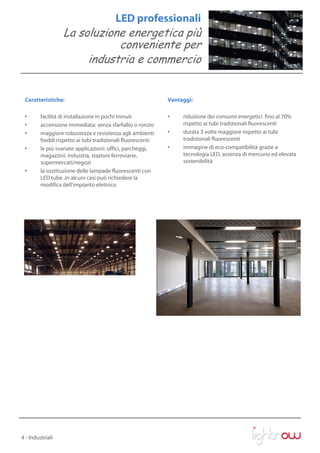 LED professionali
                  La soluzione energetica più
                             conveniente per
                       industria e commercio


 Caratteristiche:                                            Vantaggi:

 •       facilità di installazione in pochi minuti           •    riduzione dei consumi energetici fino al 70%
 •       accensione immediata: senza sfarfallio o ronzio          rispetto ai tubi tradizionali fluorescenti
 •       maggiore robustezza e resistenza agli ambienti      •    durata 3 volte maggiore rispetto ai tubi
         freddi rispetto ai tubi tradizionali fluorescenti        tradizionali fluorescenti
 •       le più svariate applicazioni: uffici, parcheggi,    •    immagine di eco-compatibilità grazie a
         magazzini, industria, stazioni ferroviarie,              tecnologia LED, assenza di mercurio ed elevata
         supermercati/negozi                                      sostenibilità
 •       la sostituzione delle lampade fluorescenti con
         LED tube ,in alcuni casi può richiedere la
         modifica dell'impianto elettrico




4 - Industriali
 