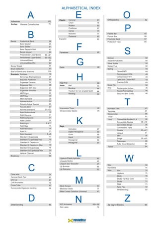 B
C
D
ALPHABETICAL INDEX
L
K
M
N
OAAdhesives 102
Arches 70
Distal bending 95
EElastic
Keys
G
F
Gurin
Facebows
48
65
H
I
Hook
High Pull 88
Orthopaedics 52
S
T
W
ZZip bag for Elastics 99
Reverse Curve Arches
P
Anatomical Band
Band Marker
Band Seater
Band Tapes In Roll
Bands Marker
Presoldered Lower Band
Persoldered Upper Band
Universal Band
Universal Band Kit
Cervical
Chain
Rotator
Positioner
Canes
Modules
Extraoral
Palatal Bar
Pocket Box
Premolar Band
Protection Tube
Screws
Separators Elastic
Silver Solder
Solder Flux
Spring
82
80
50
50
49
49
49
49
49
49
52
46
46
46
43
97
96
93
38
38 e 39
38
39
40 e 41
41
38
38 a 40
46
93
94
Spear Tip
Stop
Closed NiTi
Compression CrNi
Compression NiTi
Open and Closed NiTi
Traction CrNi
Rectangular Arches
Round Arches Stop
Stop and Bite Guide
Activator Tube
Template
Tensiometer
Tower
Tube
Wax
Hard Wire
Wire Iron
Ligature
Stetic
Sticks Tip Blue CoCr
Sticks
TMA
Twist Flex
Wire Bending
50
74
75
75
76
73
72
73
72
93
Twizer
Convertible Bouble PLA
Convertible Double
Convertible Single
Conversible Triple
Double
Lingual
Mini
Single
Telescopic
Tube Cover Detacher
45
99
57
80
Ball
Bonding
Traction for non erupted teeth
Welding
Impression Trays
Intraoral latex Elastic
Activation
Digital Hexagonal
Gurin
Hand
Hexagonal
Hexagonal
Ligature Elastic Aplicator
Linguals Button
Lingual Spur Educator
Lip Bumber
Lip Retractor
Mesh Screen
Modules Elastic
Molar Jones Distalizer Universal
NiTi Archwires
Non Latex
45
44
44
44
92
79
97
53
48
53
52
97
90
43
47
66
92
50
77
47
68 e 69
79
87
78
80
97
77
77
80
85Equiplan
Bimler Shield
Blade Detacher
Box for Bands and Brackets
Brackets
Breakway
74
87
87
70
43
96
Cane wire
Cervical Neck Pad
Chin up
CrNi Archwires
Cross Tube
Curve-ended ligatures bending
Bands 56
95
91
63
95
59 e 61
60 e 62
55
63
85
93
100
16
24
90
32
26
27
25
29
30
28
22
23
23
21 e 33
12
31
31
36
9 a 11
15
14
13
6 a 8
17
19
17
19
18
20
34
88
Andrews
Benvenga Bioprogressive
Brackets Positioner
Edgewise Ceramic
Edgewise Slim
Edgewise Slim Max
Edgewise Standard
MBT Light
MBT Max
MBT Standard
Ricketts Actual
Ricketts Actual Special
Ricketts Slim
Ricketts Standard
Roth Biofunctional
Roth Ceramic
Roth Composite
Roth Control
Roth Light
Roth Max
Roth Monobloc
Roth SLI
Roth Standart
Standard I Capelozza
Standard I Capelozza Max
Standard II Capelozza
Standard II Capelozza Max
Standard III Capelozza
Standard III Capelozza Max
Vertical Channel
 
