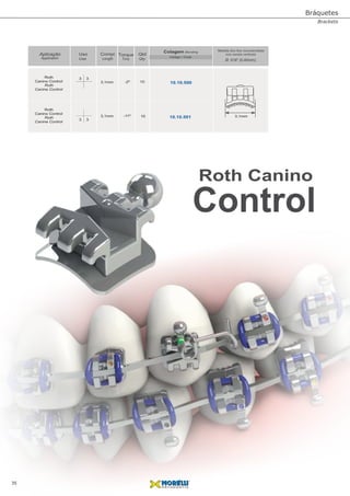 -2º 10
-11º 10
10.10.500
10.10.501
3
3
3
3
Roth
Roth
Roth
Roth
Canino Control
Canino Control
Canine Control
Canine Control
Compr.
Colagem Bonding
Qtd
Qty
Torque
TorqLength
Código / Code
Medida dos fios recomendada
nos canais verticaisUso
Use
Aplicação
Application
3,1mm
3,1mm 3,1mm
Roth Canino
Control
Ø .016" (0,40mm)
35
Bráquetes
Brackets
 