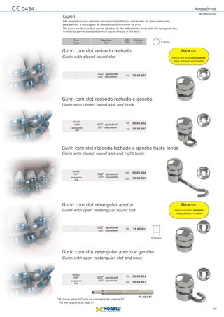 Gurin com slot redondo fechado
Qtd
Qty
Código
Code
Medidas
Size
Tipo
Type
São dispositivos que aplicados aos arcos ortodônticos, com auxílio da chave sextavada,
The gurin are devices that can be attached to the orthodontics wires with the hexagonal key,
in order to permit the application of forces directly in the arch.
Gurin
para permitir a ancoragem de dispositivos diretamente no arco.
35.05.004
35.05.011
35.05.012
35.05.005
35.05.013
.022" ajustável
.022" ajustável
.022" ajustável
.022” adjustable
.022” adjustable
.022” adjustable
direito
direito
right
right
esquerdo
esquerdo
left
left
05
10
10
05
10
10
35.05.002
35.05.003
10
10
.022" ajustável
.022” adjustable 35.05.001-
-
.022" ajustável
.022” adjustable
direito
right
esquerdo
left
Gurin com slot redondo fechado e gancho haste longa
Gurin com slot redondo fechado e gancho
*A chave para o Gurin se encontra na página 97
Gurin com slot retangular aberto e gancho
Gurin com slot retangular aberto
The key of gurin is at page 97
75.02.011
48
Gurin with closed round slot and right hook
0434
Gurin with open rectangular slot and hook
Gurin with open rectangular round slot
Gurin with closed round slot and hook
Gurin with closed round slot
0.8mm
0.56mm
Aplicar com arco não instalado
Acessórios
Accessories
Apply with arch not installed
Aplicar com arco instalado
Apply with arch installed
Dica hint
Dica hint
 
