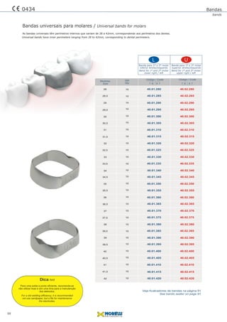 Bandas universais para molares / Universal bands for molars
As bandas universais têm perímetros internos que variam de 28 a 42mm, correspondendo aos perímetros dos dentes.
Universal bands have inner perimeters ranging from 28 to 42mm, corresponding to dental perimeters.
55
Bandas
bands
0434
10
10
10
10
10
10
10
10
10
10
Qtd
Qty
Medidas
Size
28
Código / Code
6 77 6
Código / Code
6 77 6
10
10
10
10
10
10
10
10
10
10
10
10
10
10
10
10
10
10
10
30
35
32,5
37,5
40
29
31
36
33,5
38,5
41
28.5
30,5
35,5
33
38
40,5
29,5
34,5
32
37
39,5
31,5
36,5
34
39
41,5
42
40.01.280
40.01.300
40.01.350
40.01.325
40.01.375
40.01.400
40.01.290
40.01.310
40.01.360
40.01.335
40.01.385
40.01.410
40.01.285
40.01.305
40.01.355
40.01.330
40.01.380
40.01.405
40.01.295
40.01.345
40.01.320
40.01.370
40.01.395
40.01.315
40.01.365
40.01.340
40.01.390
40.01.415
40.01.420
40.02.280
40.02.300
40.02.350
40.02.325
40.02.375
40.02.400
40.02.290
40.02.310
40.02.360
40.02.335
40.02.385
40.02.410
40.02.285
40.02.305
40.02.355
40.02.330
40.02.380
40.02.405
40.02.295
40.02.345
40.02.320
40.02.370
40.02.395
40.02.315
40.02.365
40.02.340
40.02.390
40.02.415
40.02.420
L U
Banda para 1º e 2º molar
inferior direito/esquerdo
Banda para 1º e 2º molar
superior direito/esquerdo
Band for 1º and 2º molar
lower right / left
Band for 1º and 2º molar
upper right / left
Veja Acalcadores de bandas na página 91
See bands seater on page 91
Para uma solda a ponto eﬁciente, recomenda-se
não utilizar lixas e sim uma lima para a manutenção
dos eletrodos.
Dica hint
For a dot welding efﬁciency, it is recommended
not use sandpaper, but a ﬁle for maintenance
the electrodes.
 
