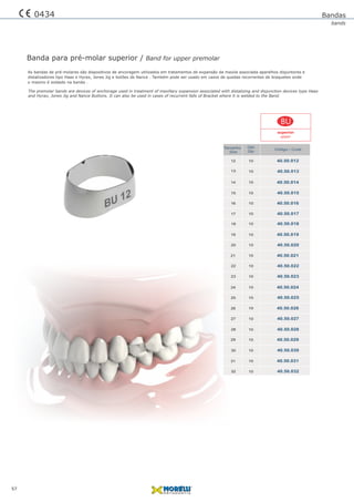 57
Bandas
bands
0434
Banda para pré-molar superior / Band for upper premolar
10
10
10
10
10
10
10
10
10
10
Qtd
Qty
Tamanho
Size
10
10
10
10
10
10
10
10
10
10
10
40.50.014
40.50.024
40.50.019
40.50.029
40.50.012
40.50.016
40.50.026
40.50.021
40.50.031
40.50.015
40.50.025
40.50.020
40.50.030
40.50.013
40.50.023
40.50.018
40.50.028
40.50.017
40.50.027
40.50.022
40.50.032
Código / Code
14
24
19
29
12
16
26
21
31
15
25
20
30
13
23
18
28
17
27
22
32
BU
superior
upper
As bandas de pré-molares são dispositivos de ancoragem utilizados em tratamentos de expansão da maxila associada aparelhos disjuntores e
distalizadores tipo Haas e Hyrax, Jones Jig e botões de Nance . Também pode ser usado em casos de quedas recorrentes de braquetes onde
o mesmo é soldado na banda .
The premolar bands are devices of anchorage used in treatment of maxillary expansion associated with distalizing and disjunction devices type Haas
and Hyrax, Jones Jig and Nance Buttons. It can also be used in cases of recurrent falls of Bracket where it is welded to the Band.
 