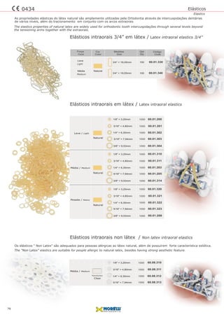 Elásticos intraorais em látex / Latex intraoral elastics
Elásticos intraorais non látex / Non latex intraoral elastics
60.01.320
3/8" = 9,53mm 60.01.304
1/8" = 3,20mm 60.01.310
3/16" = 4,80mm
1/4" = 6,35mm
5/16" = 7,94mm
3/8" = 9,53mm
60.01.311
60.01.205
60.01.314
60.01.203
Natural
Natural
1/8" = 3,20mm
60.01.3213/16" = 4,80mm
1/4" = 6,35mm
5/16" = 7,94mm
3/8" = 9,53mm
60.01.322
60.01.323
60.01.208
1000
1000
1000
1000
1000
1000
1000
1000
1000
1000
1000
1/4" = 6,35mm
5/16" = 7,94mm 60.01.303
60.01.302
Natural
1/8" = 3,20mm
3/16" = 4,80mm 60.01.201
60.01.200
1000
1000
1000
1000
Leve / Ligth
Média / Medium
Pesada / Heavy
Natural
3/4” = 19,05mm
3/4” = 19,05mm
60.01.330
60.01.340
100
100
Leve
Média
Light
Medium
Força
Force
Código
Code
Medidas
Size
Qtd
Qty
Cor
Color
Elásticos intraorais 3/4” em látex / Latex intraoral elastics 3/4”
Elásticos
Elastics
1/8" = 3,20mm 60.08.310
3/16" = 4,80mm
1/4" = 6,35mm
5/16" = 7,94mm
60.08.311
60.08.313
60.08.312Translúcidos
Clear
1000
1000
1000
1000
Média / Medium
79
0434
As propriedades elásticas do látex natural são amplamente utilizadas pela Ortodontia através de intercuspidações dentárias
de vários níveis, além do tracionamento em conjunto com os arcos extraorais
The elastics properties of natural latex are widely used for orthodontic tooth intercuspidações through several levels beyond
the tensioning arms together with the extraorais.
Os elásticos “ Non Latex” são adequados para pessoas alérgicas ao látex natural, além de possuírem forte característica estética.
The "Non Latex" elastics are suitable for people allergic to natural latex, besides having strong aesthetic feature.
 