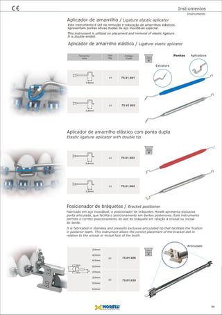Aplicador de amarrilho elástico / Ligature elastic aplicator
Aplicador de amarrilho elástico com ponta dupla
01
01
3,8mm
3,8mm
75.01.003
75.01.004
Posicionador de bráquetes / Bracket positioner
Este instrumento é útil na remoção e colocação de amarrilhos elásticos.
This instrument is utilized on placement and removal of elastic ligature.
Aplicador de amarrilho / Ligature elastic aplicator
3,5mm
4,0mm
4,5mm
6,0mm
5,0mm
2,5mm
3,0mm
5,5mm
01
01
75.01.006
75.01.039
Instrumentos
Instruments
Apresentam pontas ativas duplas de aço inoxidável especial.
It is double-ended.
Elastic ligature aplicator with double tip
Fabricado em aço inoxidável, o posicionador de bráquetes Morelli apresenta exclusiva
ponta articulada, que facilita o posicionamento em dentes posteriores. Este instrumento
permite o correto posicionamento do slot do bráquete em relação à oclusal ou incisal
do dente.
It is fabricated in stainless and presents exclusive articulated tip that facilitate the fixation
in posterior teeth. This instrument allows the correct placement of the bracket slot in
relation to the oclusal or incisal face of the tooth.
01
Qtd
Qty
Tamanho
Size
Código
Code
75.01.001
3,8mm
01
3,8mm
75.01.002
134ºC/
1,05 bar
134ºC/
1,05 bar
Pontas
Extratora
Aplicadora
134ºC/
1,05 bar
Articulado
90
 