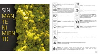 Mosswall® es un líquen natural estabilizado que
sólo se puede utilizar en interiores. Se mantiene
fresco y suave absorviendo la humedad existente
en el ambiente. Los matices y los cambios en el
tono son característicos del producto natural.
Mosswall® está patentado por VERDE PROFILO®
desde 2009.
Mosswall® no necesita ser cortado ni podado, ya
que no crece.
Mosswall® no es apto para uso en exteriores.
Mosswall® es un producto fabricado en Italia.
Mosswall® es un producto fabricado a mano.
Mosswall® tiene una garantía de 4 años desde la
fecha de la compra.
Mosswall® es un material resistente al fuego, está testado por el instituto italiano líder en
certificaciones. Clasificación en función del comportamiento frente al fuego según las normas:
UNI EN 13501-1: 2009 B-s2, d0 - USA Certificación ASTM E 84: 2003, CLASE A.
Mosswall® disminuye la acumulación de electricidad estática.
Mosswall® dispone de propiedades de absorción acústica, de acuerdo con la norma:
UNI EN ISO 354: 2003-11654: 1998.
Para una correcta esponjoseidad de Mosswall®,
se debe garantizar un entorno con un valor
mínimo de humedad relativa del 40-50%, (el nivel
óptimo para el bienestar humano).
Mosswall® no debe ser expuesto a la luz solar
directa o a la intemperie. Se puede colocar en
habitaciones sin luz natural.
Mosswall® no resiste el agua. No se debe rocíear
directamente ni limpiar el material.
SIN
MAN
TE
NI
MIEN
TO
Mosswall® es un material antibacteriano. Genera un ambiente hostil para la aparición y reproducción de insectos.
Certificado con la prueba nº TEC 1990706284.
 