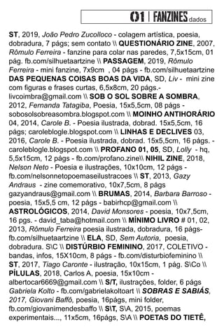 ST, 2019, João Pedro Zucolloco - colagem artística, poesia,
dobradura, 7 págs; sem contato  QUESTIONÁRIO ZINE, 2007,
Rômulo Ferreira - fanzine para colar nas paredes, 7,5x15cm, 01
pág. fb.com/silhuetaartzine  PASSAGEM, 2019, Rômulo
Ferreira - mini fanzine, 7x9cm , 04 págs - fb.com/silhuetaartzine
DAS PEQUENAS COISAS BOAS DA VIDA, SD, Liv - mini zine
com ﬁguras e frases curtas, 6,5x8cm, 20 págs.-
livcoimbra@gmail.com  SOB O SOL SOBRE A SOMBRA,
2012, Fernanda Tatagiba, Poesia, 15x5,5cm, 08 págs -
sobosolsobreasombra.blogspot.com  MOINHO ANTIHORÁRIO
04, 2014, Carole B. - Poesia ilustrada, dobrad. 15x5,5cm, 16
págs; caroleblogle.blogspot.com  LINHAS E DECLIVES 03,
2016, Carole B. - Poesia ilustrada, dobrad. 15x5,5cm, 16 págs. -
caroleblogle.blogspot.com  PROFANO 01, 05, SD, Lolly - hq,
5,5x15cm, 12 págs - fb.com/profano.zine NIHIL ZINE, 2018,
Nelson Neto - Poesia e ilustrações, 10x10cm, 12 págs -
fb.com/nelsonnetopoemaseilustracoes  ST, 2013, Gazy
Andraus - zine comemorativo, 10x7,5cm, 8 págs
gazyandraus@gmail.com  BRUMAS, 2014, Barbara Barroso -
poesia, 15x5,5 cm, 12 págs - babirhcp@gmail.com 
ASTROLÓGICOS, 2014, David Monsores - poesia, 10x7,5cm,
16 pgs. - david_taba@hotmail.com  MÍNIMO LIVRO # 01, 02,
2013, Rômulo Ferreira poesia ilustrada, dobradura, 16 págs-
fb.com/silhuetaartzine  ELA, SD, Sem Autoria, poesia,
dobradura. SC  DISTÚRBIO FEMININO, 2017, COLETIVO -
bandas, infos, 15X10cm, 8 págs - fb.com/disturbiofeminino 
ST, 2017, Tiago Caronte - ilustração, 10x15cm, 1 pág. SCo 
PÍLULAS, 2018, Carlos A, poesia, 15x10cm -
albertocar6669@gmail.com  S/T, ilustrações, folder, 6 págs
Gabriela Kolto - fb.com/gabrielakoltoart  SOBRAS E SABIÁS,
2017, Giovani Baﬀô, poesia, 16págs, mini folder,
fb.com/giovanimendesbaﬀo  ST, SA, 2015, poemas
experimentais..., 11x5cm, 16págs, SA  POETAS DO TIETÊ,
dados
 
