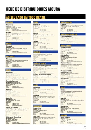 26
AO SEU LADO EM TODO BRASIL
REDE DE DISTRIBUIDORES MOURA
ALAGOAS
Arapiraca
ALAGOANA – FILIAL
Rua Ventura de Farias, 547 - Baixão
Arapiraca - AL	57300-000
Fone:	 (82) 3521 5988
E-mail: 	 alagoana.arapiraca@moura.com.br
Maceió
Distribuidora ALAGOANA de Baterias e Acessórios Ltda
Rua Cristóvão Colombo, 128 - Jaraguá
Maceió - AL
57025-030
Fone:	 (82) 3231 6530
Fax: 	 (82) 3231 3135
E-mail: 	 alagoana@moura.com.br
AMAPÁ
Macapá
PARAENSE – FILIAL
Av. Padre Júlio Maria Lombaerd, 3948 - Santa Rita
Macapá - AP
68906-740
Fone:	 (96) 3222 8481
E-mail: 	 paraense.macapa@moura.com.br
AMAZONAS
Manaus
NORTE Distribuidor de Acumuladores e Acess. Ltda
Rua Quatro, 70 - Aleixo - Jardim Petrópolis
Manaus - AM
69067-140
Fone:	 (92) 3663 8000
Fax: 	 (92) 3663 7979
E-mail:	 norte@moura.com.br
BAHIA
Barreiras
INTERBAHIA – FILIAL
Rua Domingos Mármore, 30 - JK
Barreiras - BA
47801-360
Fone:	 (77) 3613 0088 - 3612-8383
E-mail: 	 interbahia.barreiras@moura.com.br
Feira de Santana
INTERBAHIA Acumuladores Ltda
Rua Barão de Cotegipe, 198 - Centro
Feira de Santana - BA
44075-120
Fone:	 (75) 3221 3707
E-mail: 	 interbahia@moura.com.br
Itabuna
AUTOBATE — FILIAL
Av. Amélia Amado, 761 - Centro
Itabuna - BA
45602-011
Fone:	 (73) 3212 3613
E-mail:	 autobate.itabuna@moura.com.br
Juazeiro
BONFIM Baterias Ltda
Av. Santos Dumont, 168 - Centro
Juazeiro/ BA
48903-680
Fone:	 (74) 3611 9798
Fax: 	 (74) 3611 7625
E-mail: 	 bonfim@moura.com.br
Lauro de Freitas
AUTOBATE Com. de Baterias, Placas e Acessórios Ltda
Rua Gerino de Souza Filho, 1297 Galpão 2 - Itinga
Lauro de Freitas - BA
42700-000
Fone:	 (71) 3288 7211
Fax: 	 (71) 3378 3680
E-mail: 	 autobate@moura.com.br
Vitória da Conquista
INTERBAHIA – FILIAL
Av. Serrinha, 2889 - Centro
Vitória da Conquista - BA
45025-140
Fone:	 (77) 3426 3309
E-mail: 	 interbahia.vitoriadaconquista@moura.com.br
CEARÁ
Fortaleza
FORTALEZA das Baterias Ltda
Rua Edite Braga, 440 - Jardim América
Fortaleza - CE
60425-100
Fone:	 (85) 3494 7522
Fax:	 (85) 3494 7122
E-mail: 	 fortaleza@moura.com.br
Iguatu
DIBACE Distribuidor de Baterias Cearense Ltda
Rua Prof. João Rocha, 08 - Cocobó
Iguatu - CE
63150-000
Fone:	 (88) 3581 1626
E-mail: 	 dibace@moura.com.br
Sobral
FORTALEZA – FILIAL
Travessa João Adeodato, 55 A - Centro
Sobral - CE
62011-970
Fone:	 (88) 3611 6040
Fax:	 (88) 3611 6050
E-mail:	 fortaleza.sobral@moura.com.br
BRASÍLIA
Distribuidora BRASILIENSE de Baterias Ltda
SOF/SUL - Q. 03 - Conj. A - Lote 3
Brasília - DF
71215-215
Fone:	 (61) 3234 3515
Fax: 	 (61) 3233 2333
E-mail: 	 brasiliense@moura.com.br
ESPÍRITO SANTO
Cachoeiro de Itapemirim
COMAL — FILIAL
Av. Jones Santos Neves, 274 - Km 90 - São Francisco de Assis
Cachoeiro de Itapemirim - ES
29317-425
Fone:	 (28) 3521 3064
Fax:	 (28) 3517 6279
E-mail: 	 comal.cachoeiro@moura.com.br
Vitória do Espirito Santo
COMAL Coml de Acumuladores e Comp. Ltda
Av. Mal. Mascarenhas de Moraes, 1639 - Ilha de Santa Maria
Vitória - ES
29053-245
Fone:	 (27) 3321 7555
Fax:	 (27) 3321 7535
E-mail: 	 comal@moura.com.br
GOIÁS
Anápolis
GODAL — FILIAL
Rua Benjamim Constant, 1.310 - Sala 04 - Centro
Anápolis - GO
75115-320
Fone:	 (62) 3324 5156
E-mail: 	 godal.anapolis@moura.com.br
Goiânia
GODAL- Goiás Distribuidor de Acumuladores Ltda
Rua Quatorze, 425 - Quadra 14 - Lote 20/11 - Setor
Aeroviário
Goiânia - GO
74435-220
Fone:	 (62) 3295 1441
E-mail: 	 godal@moura.com.br
MARANHÃO
Imperatriz
DISMAL — FILIAL
Rodovia BR 010 KM 601 - Bacuri
Imperatriz - MA
65900-000
Fone:	 (99) 3523 3685
E-mail: 	 dismal.imperatriz@moura.com.br
São Luis
DISMAL Distribuidor Maranhense de Acumuls. Ltda
Rua Santo Antonio, 16 - Jardim São Cristóvão
São Luis - MA
65056-190
Fone: 	 (98) 3245 5454
Fax:	 (98) 3245 4069
E-mail: 	 dismal@moura.com.br
MATO GROSSO
Cuiabá
DISBAC Distribuidor de Baterias e Componentes Ltda
Av. Tancredo Neves, 446 - Jardim Califórnia
Cuiabá - MT
78070-120
Fone:	 (65) 3627 3277
Fax:	 (65) 3627 2448
E-mail: 	 disbac@moura.com.br
MATO GROSSO DO SUL
Campo Grande
PANTANAL Distribuidor de Baterias Ltda
Rua Brilhante, 2356	 - Amambaí
Campo Grande - MS
79006-560
Fone:	 (67) 3331 2045
E-mail: 	 pantanal@moura.com.br
MINAS GERAIS
Belo Horizonte
COMINAS Comercial Minas de Baterias Ltda
Av. Américo Vespúcio, 620 - Hermelinda
Belo Horizonte - MG
31230-240
Fone:	 (31) 3428 2774
E-mail: 	 cominas@moura.com.br
Juiz de Fora
COMINAS — FILIAL
Rua Duque de Caxias, 200 - Poço Rico
Juiz de Fora - MG
36020-280
Fone:	 (32) 3217 5357
E-mail: 	 cominas.juizdefora@moura.com.br
Montes Claros
CONORTE Comercial Norte Minas de Baterias Ltda
Av. Magalhães Pinto, 2397 - Alcides Rabelo
Montes Claros - MG
39404-166
Fone: 	 (38) 3215 1311
E-mail: 	 conorte@moura.com.br
Poços de Caldas
BANDEIRANTES — FILIAL
Av. Mansur Frayha, 535 - Jardim Elisabete
Poços de Caldas - MG
37704-355
Fone:	 (35) 3714 3187
E-mail: 	 bandeirantes.pocosdecaldas@moura.com.br
Uberlândia
NORBAT Comércio de Baterias Ltda
Av. Espanha, 505 - Tibery
Uberlândia - MG
38405-048
Fone:	 (34) 3232 0321
E-mail: 	 norbat@moura.com.br
PARÁ
Belém
Distribuidora PARAENSE de Baterias e Acess. Ltda
Travessa Perebebuí, 800 - Pedreira
Belém - PA
66080-400
Fone:	 (91) 3233 1655
Fax:	 (91) 3233 1891
E-mail: 	 paraense@moura.com.br
Marabá
PARAENSE – FILIAL
Rua Are Folha, 28 Quadra 37 Lote 44 s/n - Nova Marabá
Marabá - PA
68506-370
Fone:	 (94) 3322 4874
E-mail: 	 paraense.maraba@moura.com.br
Santarém
PARAENSE – FILIAL
Av. Dom Frederico Costa, 1184 - Santíssimo
Santarém - PA
68010-300
Fone:	 (93) 3522 6318
E-mail: 	 paraense.santarem@moura.com.br
PARAÍBA
João Pessoa
PALÁCIO – FILIAL
Av. Alberto de Brito, 504 - Jaguaribe
João Pessoa - PB
58015-320
Fone:	 (83) 3241 2106
E-mail: 	 palacio.joaopessoa@moura.com.br
 
