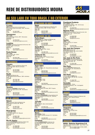 27
AO SEU LADO EM TODO BRASIL E NO EXTERIOR
REDE DE DISTRIBUIDORES MOURA
PARANÁ
Curitiba
AVIC Distribuidora de Acumuladores Ltda
Rua Professora Maria Assumpção, 1609 - Vila Hauer
Curitiba - PR
81630-040
Fone:	 (41) 3301 9500
E-mail: 	 avic@moura.com.br
Guarapuava
AVIC - FILIAL
Rua Senador Nereu Ramos, 2001 - Bonsucesso
Guarapuava - PR
85035-300
Fone:	 (42) 3622 0344
E-mail: 	 avic.guarapuava@moura.com.br
Londrina
BATERMOL Distribuidor Paranaense de Acumuls. Ltda
Rua Bahia, 1239 - Vila Recreio
Londrina - PR
86025-010
Fone:	 (43) 3329 6904
E-mail: 	 batermol@moura.com.br
Ponta Grossa
AVIC - FILIAL
Rua do Rosário, 233 - Centro
Ponta Grossa - PR
84010-150
Fone:	 (42) 3243 1008
E-mail: 	 avic.pontagrossa@moura.com.br
PERNAMBUCO
Caruaru
COMBAT - Comércio de Baterias e Placas Ltda
Rua São Paulo, 860 - Maurício de Nassau
Caruaru - PE
55012-000
Fone:	 (81) 3721 6022
Fax: 	 (81) 3721 6376
E-mail: 	 combat@moura.com.br
Recife
PALÁCIO das Baterias Ltda
Av. Mal. Mascarenhas de Morais, 1.288 - Imbiribeira
Recife - PE
51170-000
Fone:	 (81) 2128 1188
Fax:	 (81) 2128 1155
E-mail: 	 palacio@moura.com.br
PIAUÍ
Teresina
Distribuidora PIAUIENSE de Baterias Ltda
Av. Barão de Castelo Branco, 390 - Três Andares
Teresina - PI
64001-810
Fone:	 (86) 3218 2233
Fax:	 (86) 3218 2254
E-mail: 	 piauiense@moura.com.br
RIO DE JANEIRO
Niterói
DINIL Distribuidor Niterói de Baterias Ltda
Rua Benjamim Constant, 550 - Barreto
Niterói - RJ
24110-000
Fone:	 (21) 2621 7070
Fax:	 (21) 2717 2922
E-mail: 	 dinil@moura.com.br
Nova Iguaçu
FLUMINENSE - FILIAL
Av. Dr. Salles Teixeira, 516 - Moquetá
Nova Iguaçu - RJ
26285-005
Fone:	 (21) 8221 1182
Fax:	 (21) 2269 4307
E-mail: 	 fluminense.novaiguacu@moura.com.br
Rio de Janeiro
Comercial FLUMINENSE de Baterias e Placas Ltda
Rua das Oficinas, 179 - Engenho de Dentro
Rio de Janeiro - RJ
20770-010
Fone:	 (21) 2594 3298
Fax:	 (21) 2269 4307
E-mail: 	 fluminense@moura.com.br
RIO GRANDE DO NORTE
Natal
CODIBA Comercial Distribuidora de Baterias Ltda
Av. Bernardo Vieira, 2.888 - Dix Sept - Rosado
Natal - RN
59051-005
Fone:	 (84) 3213 3820
Fax: 	 (84) 3213 7937
E-mail: 	 codiba@moura.com.br
RIO GRANDE DO SUL
Porto Alegre
RODMASTER Com. e Repres. de Baterias Ltda
Rua Almirante Barroso, 285 - Floresta
Porto Alegre - RS
90220-021
Fone:	 (51) 2126 6200
Fax:	 (51) 3222 2205
E-mail: 	 rodmaster@moura.com.br
Santa Maria
RODMASTER – FILIAL
Rua Gaspar Martins, 1815 - Centro
Santa Maria - RS
97060-260
Fone:	 (55) 3286 1256
E-mail: 	 rodmaster.santamaria@moura.com.br
Caxias do Sul
CAXIAS DO SUL – FILIAL
BR 116 Km 148, 17.227 - Presidente Vargas
Caxias do Sul - RS
95054-780
Fone:	 (51) 2126 6200
E-mail: 	 rodmaster.caxias@moura.com.br
RONDÔNIA
Porto Velho
NORTE — FILIAL
Av. Nações Unidas, 319 - Nossa Senhora das Graças
Porto Velho - RO
78915-040
Fone:	 (69) 32217070
Fax:	 (69) 3223 3267
E-mail:	 norte.portovelho@moura.com.br
SANTA CATARINA
Chapecó
CATARINENSE – FILIAL
Rua Cuba, 568 D - Lider
Chapecó - SC
89805-226
Fone:	 (49) 3328 9916
E-mail: 	 catarinense.chapeco@moura.com.br
Criciúma
CATARINENSE – FILIAL
Rua Manoel Delfino de Freitas, 1620 - Prospera
Criciúma - SC
88813-600
Fone:	 (48) 3462 8849
E-mail: 	 catarinense.criciuma@moura.com.br
Florianópolis
Distribuidora CATARINENSE de Acumuladores Ltda
Rua Profa. Sofia Quint de Souza, 532 - Capoeiras
Florianópolis - SC
88085-040
Fone:	 (48) 3244 9906
E-mail: 	 catarinense@moura.com.br
Joinville
AVIC – FILIAL
Rua Corupá, 273 - Bairro Anita Garibaldi
Joinville - SC
89203-620
Fone:	 (47) 3025 7776
E-mail:	 avic.joinville@moura.com.br
SÃO PAULO
Bauru
BELO JARDIM – FILIAL
Rua Professor Francisco Antunes,1-22 - Vila Galvão
Bauru - SP
17017-136
Fone:	 (14) 3281 6767
E-mail: 	 belojardim.bauru@moura.com.br
Campinas
Comercial BANDEIRANTES de Baterias Ltda
Rua Ribeirão Branco, 609 - Jardim do Trevo
Campinas - SP
13031-010
Fone:	 (19) 3272 3633
Fax:	 (19) 3274 0041
E-mail: 	 bandeirantes@moura.com.br
Presidente Prudente
BELO JARDIM – FILIAL
Av. Joaquim Constantino, 1746 - Vila Formosa
Presidente Prudente - SP
19050-220
Fone:	 (18) 3928 6148
E-mail: 	 belojardim.presidenteprudente@moura.com.br
Ribeirão Preto
DIRPAL Distribuidor Ribeirão Preto de Acumuls. Ltda
Rua São Paulo, 1.911 - Campos Elisios
Ribeirão Preto - SP
14085-010
Fone:	 (16) 3628 7038
Fax:	 (16) 3628 7451
E-mail: 	 dirpal@moura.com.br
Santos
UNIÃO – FILIAL
Bernardo Browne, 22 - Estuário
Santos - SP
11025-240
Fone:	 (13) 3273 7554
E-mail: 	 uniao.santos@moura.com.br
São José dos Campos
SERVE VALE Baterias Ltda
Rua Adolpho Castanho, 50 - Jardim Satélite
São José dos Campos - SP
12231-730
Fone:	 (12) 3322 5021
Fax:	 (12) 3322 5021
E-mail: 	 servevale@moura.com.br
São José do Rio Preto
BELO JARDIM Comercial de Baterias Ltda
Av. Dr. Fernando Costa, 766 — Vila Macedo
São José do Rio Preto - SP
15061-000
Fone:	 (17) 3224 1364
E-mail: 	 belojardim@moura.com.br
São Paulo
Comercial PAULISTA de Baterias Ltda
Rua dos Náuticos, 116 - Vila Guilherme
São Paulo - SP
02066-040
Fone:	 (11) 2909 9866
E-mail: 	 paulista@moura.com.br
São Paulo
Coml. de Baterias UNIÃO Ltda
Av. Santo Albano, 334, 346, 348 - Vila Elisio
São Paulo - SP
04296-000
Fone:	 (11) 2948 1300
E-mail: 	 uniao@moura.com.br
Sorocaba
BANDEIRANTES — FILIAL
Rua Hermílio Matarazzo, 1187 - Vila Gagliardi
Sorocaba - SP
18080-001
Fone:	 (15) 3233-8353
E-mail: 	 bandeirantes.sorocaba@moura.com.br
SERGIPE
Aracaju
DISBATE Distribuidora Sergipana de Baterias Ltda
Rua Bahia, 1.533 - Siqueira Campos
Aracaju - SE
49075-000
Fone:	 (79) 3259 1771
Fax:	 (79) 3259 2613
E-mail: 	 disbate@moura.com.br
TOCANTINS
Araguaína
BRASILIENSE – FILIAL
Rua E, 46 - Setor George Yunes
Araguaína - TO
77818-700
Fone:	 (63) 3414 3818
Fax:	 (63) 3414 0803
E-mail: 	 brasiliense.araguaina@moura.com.br
ARGENTINA
BASA - Baterias Argentinas S.A
Calle 18 Nr. 1076 y Colectora Oeste	Garin (1619) - Prov.
de Buenos Aires
Fone:	 00 21 54 3488 471046/ 473702/ 474678
Fax:	 00 21 54 3488 474650
 