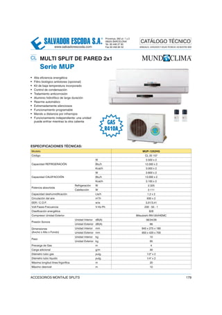 SALVADOR ESCODA S.A.
® Provença, 392 pl. 1 y 2
08025 BARCELONA
Tel. 93 446 27 80
Fax 93 456 90 32
CATÁLOGO TÉCNICO
www.salvadorescoda.com MANUALES, CATÁLOGOS Y HOJAS TÉCNICAS: EN NUESTRA WEB
ACCESORIOS MONTAJE SPLITS 179
CL MULTI SPLIT DE PARED 2x1
Serie MUP
• Alta eficiencia energética
• Filtro biológico antiolores (opcional)
• Kit de baja temperatura incorporado
• Control de condensación
• Tratamiento anticorrosión
• Aluminio hidrofílico de larga duración
• Rearme automático
• Extremadamente silenciosos
• Funcionamiento programable
• Mando a distancia por infrarrojos
• Funcionamiento independiente: una unidad
puede enfriar mientras la otra calienta
ESPECIFICACIONES TÉCNICAS:
Modelo MUP-12X2HG
Código CL 20 157
Capacidad REFRIGERACIÓN
W 3.500 x 2
Btu/h 12.000 x 2
Kcal/h 3.000 x 2
Capacidad CALEFACCIÓN
W 3.600 x 2
Btu/h 13.000 x 2
Kcal/h 3.100 x 2
Potencia absorbida
Refrigeración W 2.325
Calefacción W 2.111
Capacidad deshumidificación Lts/h 1,2 x 2
Circulación del aire m3
/h 630 x 2
EER / C.O.P. w/w 3,01/3,41
Volt-Fases-Frecuencia V-Hz-Ph 230 - 50 - 1
Clasificación energética B/B
Compresor Unidad Exterior Mitsubishi RN135VHEMC
Presión Sonora
Unidad Interior dB(A) 38/34/29
Unidad Exterior dB(A) 66
Dimensiones
(Ancho x Alto x Fondo)
Unidad Interior mm 845 x 275 x 180
Unidad Exterior mm 950 x 420 x 700
Peso
Unidad Interior kg 10
Unidad Exterior kg 65
Precarga de Gas m 4
Carga adicional g/m 30
Diámetro tubo gas pulg. 1/2" x 2
Diámetro tubo líquido pulg. 1/4" x 2
Máxima longitud línea frigorífica m 20
Máximo desnivel m 10
GAS
R410A
 