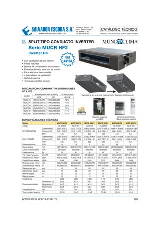SALVADOR ESCODA S.A.
® Provença, 392 pl. 1 y 2
08025 BARCELONA
Tel. 93 446 27 80
Fax 93 456 90 32
CATÁLOGO TÉCNICO
www.salvadorescoda.com MANUALES, CATÁLOGOS Y HOJAS TÉCNICAS: EN NUESTRA WEB
ACCESORIOS MONTAJE SPLITS 189
CL SPLIT TIPO CONDUCTO INVERTER
Serie MUCR HF2
Inverter DC
• Con aportación de aire exterior
• Filtros incluidos
• Bomba de condensados incorporada
• Puerto de llenado para test de bomba
• Parte eléctrica desmontable
• 4 velocidades de ventilación
• Señal de alarma
• Terminales de libre tensión
PARO/MARCHA COMPARATIVA DIMENSIONES
HF Y HF2
ESPECIFICACIONES TÉCNICAS
Modelo MUCR 18HF2 MUCR 24HF2 MUCR 30HF2 MUCR 36HF2 MUCR 48HF2 MUCR 60HF2
Código CL 20 653 CL 20 654 CL 20 655 CL 20 656 CL 20 657 CL 20 658
REFRIGERACIÓN
Capacidad kW 6.36-5.30-2.12 8.11-7.10-2.70 10.81-9.00-3.61 12.60-10.50-4.20 14.86-14.00-4.95 16.92-16.00-5.64
Consumo kW 2.28-1.63-0.76 3.01-2.19-1.00 3.98-2.79-1.33 4.42-3.26-1.47 5.44-4.35-1.81 6.22-4.99-2.07
EER 3,25 3,24 3,23 3,22 3,22 3,21
CALEFACCIÓN
Capacidad kW 7.19-6.00-2.40 9.64-7.60-3.21 12.16-9.50-4.05 15.06-12.00-5.02 17.04-15.00-5.68 20.16-17.50-6.72
Consumo kW 2.33-1.64-0.78 3.13-2.09-1.04 3.92-2.62-1.31 4.87-3.31-1.62 5.53-4.16-1.84 6.59-4.85-2.20
COP 3,66 3,64 3,63 3,63 3,61 3,61
Deshumidificación Lts/h 1,9 2,4 3 3,6 4,6 6
Caudal de aire m3
/h 1205/1000/945 1803/1501/1210 2200/1918/1800 2200/1918/800 2812/2458/2090 2890/2465/2138
Caudal Unidad Exterior m3
/h 2570/2300 3200/2850 5000/4800 6000/5800 6000/5800 6000/5800
Presión estática Pa 30 30 50 80 100 100
Volt-Fases-Frecuencia V/Hz/Ph 220-240/50/1 220-240/50/1 220-240/50/1 220-240/50/1 220-240/50/1 380V-3 Ph-50Hz
Presión Sonora interior dB(A) 44.0/35.9/32.8 45.1/43.2/40.9 46.1/44.0/42.2 46.1/44.0/42.2 47.1/45.3/42.9 47.3/45.2/43.1
Presión Sonora exterior dB(A) 51/46 53/48 55/50 57/52 59/54 59/54
Dimensiones ud. interior mm 920x210x635 920x270x635 1140x270x775 1140x270x775 1200x300x865 1200x300x865
Dimensiones ud. exterior m 842x968x324 895x862x313 990x966x654 940x1245x360 940x1245x360 940x1245x360
Diámetro tubo gas pulg 1/2 5/8 5/8 5/8 5/8 5/8
Diámetro tubo líquido pulg 1/4 3/8 3/8 3/8 3/8 3/8
Máxima longitud m 25 25 25 30 50 50
Máximo desnivel m 12 12 15 20 25 30
Carga de Gas 1.600 2.300 3.350 4.100 4.450 3.850
Conexionado eléctrico
Alimentación UE 3x2.5 3x2.5 3x2.5 3x2.5 3x2.5 5x2.5
Alimentación UI 3x1.0 3x1.0 3x1.0 3x1.0 3x1.0 3x1.0
Interconexión 3x0.5 3x0.5 3x0.5 3x0.5 3x0.5 3x0.5
Desagüe (interior) mm Ø25 Ø25 Ø25 Ø25 Ø25 Ø25
Temp. Ambient (exterior) °C -15~43 -15~43 -15~43 -15~43 -15~43 -15~43
Aspiración de aire en la parte trasera o inferior del aparato indistintamente
Control de pared incluido.
Mando a distancia opcional
Detección de averías
por LEDS
GAS
R410A
Modelo
Dimensiones mm (LxHxD) % Reducción
HF2 HF HF2/HF
MUC-18 920x210x570 1000x298x800 59%
MUC-24 1140x210x570 1000x298x800 43%
MUC-30 1140x270x710 1350x298x800 32%
MUC-36 1140x270x710 1350x298x800 32%
MUC-48 1200x300x800 1350x298x800 11%
MUC-60 1200x300x800 1350x320x800 17% INVERTER
!GRAN AHORRO ENERGÉTICO!
 