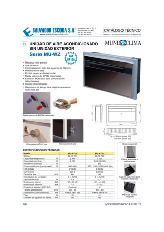 SALVADOR ESCODA S.A.
® Provença, 392 pl. 1 y 2
08025 BARCELONA
Tel. 93 446 27 80
Fax 93 456 90 32
CATÁLOGO TÉCNICO
www.salvadorescoda.com MANUALES, CATÁLOGOS Y HOJAS TÉCNICAS: EN NUESTRA WEB
196 ACCESORIOS MONTAJE SPLITS
CL UNIDAD DE AIRE ACONDICIONADO
SIN UNIDAD EXTERIOR
Serie MU-WZ
• Reducido nivel sonoro
• Alta eficiencia
• Facil instalacion: solo dos agujeros de 162 mm
• Renovación de aire
• Control remoto y display frontal
• Rejilla exterior de EPDM (patentada)
• Conexión MOD BUS para comunicación
(ideal hoteles)
• Diseño ultra compacto
• Resistencia de apoyo para bajas temperaturas
(solo mod. 32)
ESPECIFICACIONES TÉCNICAS:
Modelo MU-WZ25 MU-WZ32
Código CL 19 781 CL 19 782
Capacidad refrigeración W 2.460 3.250
Capacidad calorífica W 2.780 3.330 (3.830)
Resistencia eléctrica W – 500
Consumo eléctrico (refrig.-calef.) W 980 - 860 1.370 - 1.380 (+500 resist. elec.)
EER (clase) 2,53 (B) 2,43 (B)
COP (clase) 3,23 B 2,60 (C)
Caudal de aire m
3
/h 480 550
Velocidades del ventilador 3 + AUTO 3 + AUTO
Deshumidificación l/h 0,8 1,1
Nivel sonoro interior dbA 37 - 40 - 46 37 - 44 - 48
Nivel sonoro exterior dbA 43 41 - 52
Conexión a sistema MOD BUS Opcional SI
Tensión alimentación V/Hz 230 - 50 230 - 50
Dimensiones (anchoxaltoxfondo) mm 1.000 x 580 x 230 1.000 x 580 x 245
Peso Kg 40 42
Diámetro de agujeros en pared mm 162 162
A = 230 mm (mod. 25)
245 mm (mod. 32)
Dos agujeros Ø162 mm
GAS
R410A
Renovación de aire
Rejilla exterior de EPDM (patentada)
Solo modelo 32:
Filtros antiolores y
antibacterias
Caja de seguridad para
mando a distancia
Panel de control
integrado
 