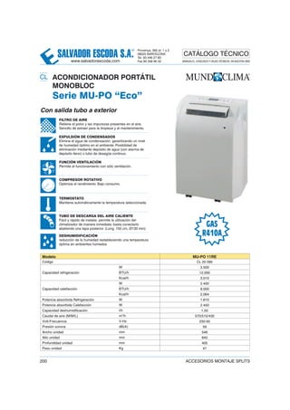 SALVADOR ESCODA S.A.
® Provença, 392 pl. 1 y 2
08025 BARCELONA
Tel. 93 446 27 80
Fax 93 456 90 32
CATÁLOGO TÉCNICO
www.salvadorescoda.com MANUALES, CATÁLOGOS Y HOJAS TÉCNICAS: EN NUESTRA WEB
200 ACCESORIOS MONTAJE SPLITS
20 ACONDICIONADOR PORTÁTIL
MONOBLOC
Serie MU-PO “Eco”
Con salida tubo a exterior
FILTRO DE AIRE
Retiene el polvo y las impurezas presentes en el aire.
Sencillo de extraer para la limpieza y el mantenimiento.
FUNCIÓN VENTILACIÓN
Permite el funcionamiento con sólo ventilación.
TERMOSTATO
Mantiene automáticamente la temperatura seleccionada.
DESHUMIDIFICACIÓN
reducción de la humedad restableciendo una temperatura
óptima en ambientes húmedos
COMPRESOR ROTATIVO
Optimiza el rendimiento. Bajo consumo.
GAS
R410A
EXPULSIÓN DE CONDENSADOS
Elimina el agua de condensación, garantizando un nivel
de humedad óptimo en el ambiente. Posibilidad de
eliminación mediante depósito de agua (con alarma de
depósito lleno) o tubo de desagüe continuo.
TUBO DE DESCARGA DEL AIRE CALIENTE
Fácil y rápido de instalar, permite la utilización del
climatizador de manera inmediata: basta conectarlo
abatiendo una tapa posterior. (Long. 150 cm, Ø130 mm)
Modelo MU-PO 11RE
Código CL 20 095
Capacidad refrigeración
W 3.500
BTU/h 12.000
Kcal/h 3.010
Capacidad calefacción
W 2.400
BTU/h 8.000
Kcal/h 2.064
Potencia absorbida Refrigeración W 1.610
Potencia absorbida Calefacción W 2.450
Capacidad deshumidificación l/h 1,55
Caudal de aire (M/M/L) m3
/h 570/510/430
Volt-Frecuencia V-Hz 230-50
Presión sonora dB(A) 59
Ancho unidad mm 546
Alto unidad mm 840
Profundidad unidad mm 405
Peso unidad Kg 47
CL
 
