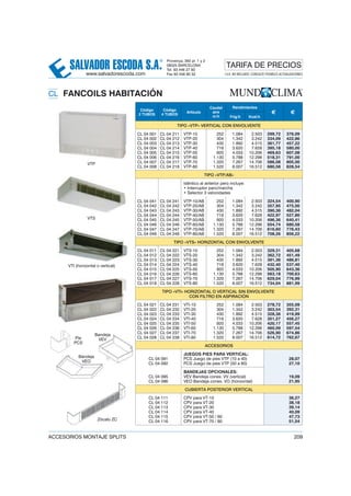 CL FANCOILS HABITACIÓN
Código
2 TUBOS
Código
4 TUBOS
Artículo
Caudal
aire
m3
/h
Rendimientos
€ €
Frig/h Kcal/h
TIPO «VTP» VERTICAL CON ENVOLVENTE
CL 04 001
CL 04 002
CL 04 003
CL 04 004
CL 04 005
CL 04 006
CL 04 007
CL 04 008
CL 04 211
CL 04 212
CL 04 213
CL 04 214
CL 04 215
CL 04 216
CL 04 217
CL 04 218
VTP-10
VTP-20
VTP-30
VTP-40
VTP-50
VTP-60
VTP-70
VTP-80
252
304
430
716
920
1.130
1.320
1.520
1.084
1.342
1.892
3.620
4.033
5.788
7.267
8.007
2.503
3.242
4.515
7.628
10.206
12.298
14.706
16.512
299,72
334,09
361,77
395,18
469,63
518,31
586,08
680,58
376,09
422,86
457,22
580,00
607,08
791,00
805,00
828,54
TIPO «VTP/AB»
Idéntico al anterior pero incluye:
• Interruptor paro/marcha
• Selector 3 velocidades
CL 04 041
CL 04 042
CL 04 043
CL 04 044
CL 04 045
CL 04 046
CL 04 047
CL 04 048
CL 04 241
CL 04 242
CL 04 243
CL 04 244
CL 04 245
CL 04 246
CL 04 247
CL 04 248
VTP-10/AB
VTP-20/AB
VTP-30/AB
VTP-40/AB
VTP-50/AB
VTP-60/AB
VTP-70/AB
VTP-80/AB
252
304
430
716
920
1.130
1.320
1.520
1.084
1.342
1.892
3.620
4.033
5.788
7.267
8.007
2.503
3.242
4.515
7.628
10.206
12.298
14.706
16.512
324,54
357,95
390,36
422,97
496,36
554,74
616,60
708,26
400,90
475,00
482,04
527,80
640,41
680,58
776,43
856,22
TIPO «VTS» HORIZONTAL CON ENVOLVENTE
CL 04 011
CL 04 012
CL 04 013
CL 04 014
CL 04 015
CL 04 016
CL 04 017
CL 04 018
CL 04 221
CL 04 222
CL 04 223
CL 04 224
CL 04 225
CL 04 226
CL 04 227
CL 04 228
VTS-10
VTS-20
VTS-30
VTS-40
VTS-50
VTS-60
VTS-70
VTS-80
252
304
430
716
920
1.130
1.320
1.520
1.084
1.342
1.892
3.620
4.033
5.788
7.267
8.007
2.503
3.242
4.515
7.628
10.206
12.298
14.706
16.512
329,31
362,72
391,36
432,40
505,90
563,18
629,04
734,04
405,68
451,49
486,81
537,40
643,36
700,63
776,99
881,99
TIPO «VTI» HORIZONTAL O VERTICAL SIN ENVOLVENTE
CON FILTRO EN ASPIRACIÓN
CL 04 021
CL 04 022
CL 04 023
CL 04 024
CL 04 025
CL 04 026
CL 04 027
CL 04 028
CL 04 231
CL 04 232
CL 04 233
CL 04 234
CL 04 235
CL 04 236
CL 04 237
CL 04 238
VTI-10
VTI-20
VTI-30
VTI-40
VTI-50
VTI-60
VTI-70
VTI-80
252
304
430
716
920
1.130
1.320
1.520
1.084
1.342
1.892
3.620
4.033
5.788
7.267
8.007
2.503
3.242
4.515
7.628
10.206
12.298
14.706
16.512
278,72
303,54
328,36
351,27
420,17
460,09
526,90
614,72
355,09
392,31
419,99
456,27
557,45
597,54
674,86
762,67
ACCESORIOS
CL 04 091
CL 04 092
JUEGOS PIES PARA VERTICAL:
PCS Juego de pies VTP (10 a 40)
PCS Juego de pies VTP (50 a 80)
28,07
27,10
CL 04 095
CL 04 096
BANDEJAS OPCIONALES:
VEV Bandeja conex. VV (vertical)
VEO Bandeja conex. VO (horizontal)
19,09
21,95
CL 04 111
CL 04 112
CL 04 113
CL 04 114
CL 04 115
CL 04 116
CPV para VT-10
CPV para VT-20
CPV para VT-30
CPV para VT-40
CPV para VT-50 / 60
CPV para VT-70 / 80
36,27
38,18
39,14
40,09
47,73
51,54
SALVADOR ESCODA S.A.
® Provença, 392 pl. 1 y 2
08025 BARCELONA
Tel. 93 446 27 80
Fax 93 456 90 32
TARIFA DE PRECIOS
www.salvadorescoda.com I.V.A. NO INCLUIDO. CONSULTE POSIBLES ACTUALIZACIONES
ACCESORIOS MONTAJE SPLITS 209
VTI (horizontal o vertical)
VTS
VTP
Pie
PCS
Bandeja
VEO
Zócalo ZC
Bandeja
VEV
 