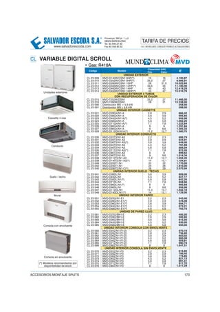 CL VARIABLE DIGITAL SCROLL
• Gas: R410A
Código Modelo
Capacidad (kW)
€Frío Calor
UNIDAD EXTERIOR
CL 23 009
CL 23 010
CL 23 011
CL 23 012
CL 23 013
CL 23 014
MVD-D140W/CSN1 8HP(*)
MVD-D252W/CSN1 8HP(*)
MVD-D280W/CSN1 10HP
MVD-D335W/CSN1 12HP(*)
MVD-D400W/CSN1 14HP
MVD-D450W/CSN1 16HP(*)
15
25,2
28
33,5
40
45
16
27
31,5
35
43
47
4.100,87
9.666,91
10.322,84
11.100,46
12.419,29
15.510,79
UNIDAD EXTERIOR 3 TUBOS
CON RECUPERACIÓN DE CALOR
CL 23 015
CL 23 016
CL 23 090
CL 23 091
MVD-T252W/DSN1
MVD-T280W/DSN1
Distribuidor MS < 5,6 kW
Distribuidor MS ≥ 5,6 kW
25,2
28
27
31
11.466,00
12.338,00
258,00
288,00
UNIDAD INTERIOR CASSETTE
CL 23 021
CL 23 022
CL 23 023
CL 23 024
CL 23 025
CL 23 026
CL 23 027
CL 23 028
MVD-D28Q4/N1-A
MVD-D36Q4/N1-A
MVD-D45Q4/N1-A(*)
MVD-D56Q4/N1-A
MVD-D71Q4/N1-A(*)
MVD-D80Q4/N1-A
MVD-D90Q4/N1-A
MVD-D112Q4/N1A(*)
2,8
3,6
4,5
5,6
7,1
8
9
11,2
2,9
3,9
5,2
5,8
7,8
9
9,6
12,7
866,42
905,66
956,98
1.002,26
1.222,64
1.291,84
1.305,33
1.560,75
UNIDAD INTERIOR CONDUCTO
CL 23 030
CL 23 031
CL 23 032
CL 23 033
CL 23 034
CL 23 035
CL 23 036
CL 23 037
CL 23 038
CL 23 039
CL 23 049
CL 23 050
CL 23 040
MVD-D22T3/N1-A3
MVD-D28T3/N1-A3
MVD-D36T3/N1-A3(*)
MVD-D45T2/N1-A3
MVD-D56T2/N1-A3
MVD-D71T2/N1-A3(*)
MVD-D80T2/N1-A3
MVD-D90T2/N1-A3
MVD-D112T2/N1-A3
MVD-D140T2/N1-A3(*)
MVD-D200T1/N1
MVD-D250T1/N1
MVD-D280T2/N1-C(*)
2,2
2,8
3,6
4,5
5,6
7,1
8
9
11,2
14
20
25
28
2,3
2,9
3,9
5,2
5,8
7,8
9
9,6
12,7
15,1
22
26
29
606,79
624,91
649,06
781,89
806,04
872,45
899,62
1.014,34
1.052,45
1.104,91
1.770,00
1.810,00
2.070,94
UNIDAD INTERIOR SUELO / TECHO
CL 23 041
CL 23 042
CL 23 043
CL 23 044
CL 23 045
CL 23 046
CL 23 047
CL 23 048
MVD-D36DL/N1
MVD-D45DL/N1
MVD-D56DL/N1(*)
MVD-D71DL/N1
MVD-D80DL/N1(*)
MVD-D90DL/N1
MVD-D112DL/N1
MVD-D140DL/N1(*)
3,6
4,5
5,6
7,1
8
9
11,2
14
3,9
5,2
5,8
7,8
9
9,6
12,7
15,1
809,06
827,17
842,26
858,96
895,69
956,98
1.042,18
1.129,06
UNIDAD INTERIOR PARED
CL 23 051
CL 23 052
CL 23 053
CL 23 054
CL 23 055
MVD-D22G/N1-E1
MVD-D28G/N1-E1(*)
MVD-D36G/N1-E1(*)
MVD-D45G/N1-E1(*)
MVD-D56G/N1-E1(*)
2,2
2,8
3,6
4,5
5,6
2,3
2,9
3,9
5,2
5,8
543,40
576,08
694,71
673,21
703,73
UNIDAD DE PARED LUJO
CL 23 081
CL 23 082
CL 23 083
CL 23 084
CL 23 085
MVD-D22G/BN1-E
MVD-D28G/BN1-E
MVD-D36G/BN1-E
MVD-D45G/BN1-E
MVD-D56G/BN1-E
2,2
2,8
3,6
4,5
5,6
2,3
2,9
3,9
5,2
5,8
495,00
595,85
615,00
630,00
650,00
UNIDAD INTERIOR CONSOLA CON ENVOLVENTE
CL 23 060
CL 23 061
CL 23 062
CL 23 063
CL 23 064
CL 23 065
CL 23 066
MVD-D22Z/N1-F1(2)
MVD-D28Z/N1-F1(2)
MVD-D36Z/N1-F1(2)
MVD-D45Z/N1-F1(2)
MVD-D56Z/N1-F1(2)
MVD-D71Z/N1-F1(2)
MVD-D80Z/N1-F1(2)
2,2
2,8
3,6
4,5
5,6
7,1
8
2,3
2,9
3,9
5,2
5,8
7,8
9
670,19
736,60
803,02
860,38
929,81
990,19
1.041,51
UNIDAD INTERIOR CONSOLA SIN ENVOLVENTE
CL 23 070
CL 23 071
CL 23 072
CL 23 073
CL 23 074
CL 23 075
CL 23 076
MVD-D22Z/N1-F3
MVD-D28Z/N1-F3
MVD-D36Z/N1-F3
MVD-D45Z/N1-F3
MVD-D56Z/N1-F3
MVD-D71Z/N1-F3
MVD-D80Z/N1-F3
2,2
2,8
3,6
4,5
5,6
7,1
8
2,3
2,9
3,9
5,2
5,8
7,8
9
615,85
706,42
775,85
821,13
881,51
911,70
1.011,29
SALVADOR ESCODA S.A.
® Provença, 392 pl. 1 y 2
08025 BARCELONA
Tel. 93 446 27 80
Fax 93 456 90 32
TARIFA DE PRECIOS
www.salvadorescoda.com I.V.A. NO INCLUIDO. CONSULTE POSIBLES ACTUALIZACIONES
ACCESORIOS MONTAJE SPLITS 173
MVDMVDMVDMVD
Cassette 4 vías
Conducto
Suelo / techo
Mural
Unidades exteriores
Consola con envolvente
Consola sin envolvente
(*) Modelos recomendados por
disponibilidad de stock
 