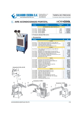 CL AIRE ACONDICIONADO PORTÁTIL
Código Modelo
Refrigeración
Frig/h €
ENFRIADOR DE AIRE PORTÁTIL (*)
CL 21 001
CL 21 002
CL 21 005
CL 21 006
Modelo 10 SFE
Modelo 15 SFE-1
Modelo 30 HE
Modelo 50 HE
1.800
3.800
8.170
13.800
2.459,64
3.318,66
7.796,07
11.486,56
(*) Producto afectado RAE (4,5€)
• Accesorios
Código Artículo Nº €
10 SFE
CL 21 011
CL 21 024
CL 21 025
CL 21 027
Tubo salida aire frío Ø125 mm, long. 650 mm
Tubo prolongación salida aire frío Ø125 mm x 3 m
Terminal para tubo Ø125 mm
Tubo salida aire caliente Ø250 mm x 3 m
1
2
3
4
74,70
97,46
6,96
174,03
15 SFE-1
CL 21 012
CL 21 021
CL 21 022
CL 21 023
CL 21 024
CL 21 025
CL 21 026
Tubo salida aire frío Ø125 mm, long. 550 mm
(2 requeridos)
Manguito con bridas Ø135 mm para aire frío
Manguito con bridas Ø300 mm para aire caliente
Tubo salida aire caliente Ø300 mm x 3 m
Tubo prolongación salida aire frío Ø125 mm x 3 m
Terminal para tubo Ø125 mm
Derivación de 2 vías
1
2
3
4
5
6
7
60,33
44,08
62,64
211,15
97,46
6,96
129,93
30 HE
CL 21 030
CL 21 031
CL 21 032
CL 21 033
CL 21 037
CL 21 036
CL 21 038
CL 21 039
Conducto aire frío Ø150 mm x 3 m
Manguito con brida aire caliente Ø550 mm
Plenum 2 vías para aire frío
Plenum 3 vías para aire frío
Manguito con brida Ø300 mm aire frío
Juego carretilla con ruedas
Soporte (sin ruedas)
Juego de ruedas
1
2
3
3
4
5
5
6
104,41
366,61
192,59
248,27
62,64
626,49
436,23
178,66
50 HE
CL 21 030
CL 21 023
CL 21 032
CL 21 033
CL 21 037
CL 21 040
CL 21 039
CL 21 041
Conducto aire frío Ø150 mm x 3 m
Tubo aire caliente Ø300 mm x 3 m
Plenum 2 vías para aire frío
Plenum 3 vías para aire frío
Manguito con brida Ø300 mm aire frío
Manguito con brida Ø300-281 mm movible
Juego de ruedas
Terminal para tubo Ø 150
1
2
3
3
4
4
6
7
104,41
211,15
192,59
248,27
62,64
81,22
178,66
9,28
SALVADOR ESCODA S.A.
® Provença, 392 pl. 1 y 2
08025 BARCELONA
Tel. 93 446 27 80
Fax 93 456 90 32
TARIFA DE PRECIOS
www.salvadorescoda.com I.V.A. NO INCLUIDO. CONSULTE POSIBLES ACTUALIZACIONES
ACCESORIOS MONTAJE SPLITS 175
M C LOONIVO
Accesorios 15 SFE-1
Accesorios 30 HE y 50 HE
Accesorios 10 SFE
 