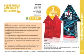 EquilibrioyBienestar
2Cápsulas
Gratis
PUEDE AYUDAR
A MEJORARTU
INTIMIDAD
Big Plus
Cód. BIG02
Cont. 4 Cáp.
Gratis 2 cáp.
Puntos 3,57
Precio Regular
$ 18.738
Reg San INVIMA
SD2012-0002335
Dosis:
1Cápsula tres horas antes de la relación sexual y su efecto puede durar
varias horas.
Contraindicaciones:
No consumir en estado de embarazo y consultar al médico en la
lactancia. No mezclar con alcohol.
MACA
Estimulante sexual, tónico antidepresivo, relajante, anti estrés,
vigorizante físico y mental. Tiene cualidades testosterogénicas, es una
de las plantas afrodisíacas más potentes que existen. Proveniente de
la selva amazónica, se ha transformado en uno de los vigorizantes
naturales más difundidos y efectivos.
L ARGININA
La L Arginina ayuda al organismo a fabricar una sustancia llamada
monóxido de nitrógeno (NO).
El cual favorece las erecciones implicando una relajación de las células
de los músculos. Así se aumenta el flujo sanguíneo hacia las arterias
del pene.
ZINC
Se le considera el mineral del sexo masculino y de hecho, es necesario
para el metabolismo hormonal, la producción de testosterona, la
formación del esperma y la composición del semen.
$ 14.990
* Este es un suplemento Dietario NO EXCEDER SU CONSUMO. Si observa alguna reacción al producto suspenda el uso y consulte su médico 33
 