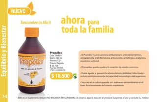EquilibrioyBienestar
Propóleo
Cód. SNE01
Cont. 240 ml
Puntos 3,21
Precio Regular
$ 23.125
Reg San INVIMA
PS2014-00009750
• El Propóleo es una sustancia antibacteriana, anticolesterolémica,
antiparasitaria, antiinflamatoria, antioxidante, antialérgico, analgésico,
anestésico, antiviral.
• El propóleo puede ayudar a la curación de estados anémicos.
• Puede ayudar a prevenir la arteriosclerosis, debilidad, infecciones e
incluso podría incrementar la capacidad inmunológica del organismo.
• Sus usos en la cultura popular son realmente extraordinarios en el
buen funcionamiento del sistema respiratorio.
$ 18.500
paraahora
toda la familia
lanzamiento Abril
NUEVO
* Este es un suplemento Dietario NO EXCEDER SU CONSUMO. Si observa alguna reacción al producto suspenda el uso y consulte su médico34
 