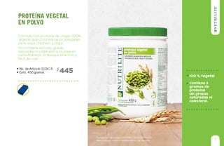 445$• No. de Artículo 110415
• Cont. 450 gramos
Fórmula con proteína de origen 100%
vegetal que combina las propiedades
de la soya, chícharo y trigo.
No contiene lactosa, grasas
saturadas ni colesterol y es baja en
carbohidratos. Empaque práctico y
fácil de usar.
Proteína vegetal
en polvo
Permiso de Publicidad COFEPRIS: 133300201A1623
Este producto no es un medicamento, haz deporte. 11
100 % vegetal
Contiene 8
gramos de
proteína
sin grasas
saturadas ni
colesterol.
 