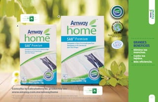 * El rendimiento puede variar de acuerdo al tamaño de la carga y la suciedad de la ropa.
* Revisa las instrucciones de uso en el empaque del producto, para determinar el rendimiento de acuerdo a la carga.
www.amway.com.mx/amwayhome
A
B
Consulta la calculadora de productos en:
grandes
beneficios
Elimina las
manchas.
Cuida los
tejidos.
Más eficiencia.
137
Rinde
hasta 83
lavadas
de
2kg*
Rinde
hasta 250
lavadas
de
2kg*
 