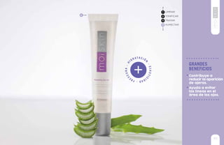 93
grandes
beneficios
Ayuda a evitar
las líneas en el
área de los ojos.
Contribuye a
reducir la aparición
de ojeras.
Elastic
idad-Fre
scura-H
idr ata c i ó
n
-
LIMPIAR
TONIFICAR
TRATAR
HUMECTAR
1
2
3
4
4
 