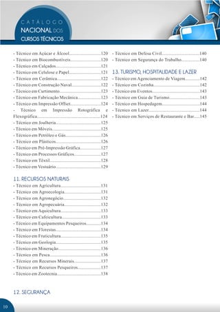- Técnico em Açúcar e Álcool..........................120             - Técnico em Defesa Civil...............................140
     - Técnico em Biocombustíveis.........................120              - Técnico em Segurança do Trabalho...............140
     - Técnico em Calçados.....................................121
     - Técnico em Celulose e Papel..........................121            13. TURISMO, HOSPITALIDADE E LAZER
     - Técnico em Cerâmica....................................122          - Técnico em Agenciamento de Viagem............142
     - Técnico em Construção Naval........................122              - Técnico em Cozinha......................................142
     - Técnico em Curtimento..................................123          - Técnico em Eventos.......................................143
     - Técnico em Fabricação Mecânica...................123                - Técnico em Guia de Turismo.........................143
     - Técnico em Impressão Offset.........................124             - Técnico em Hospedagem...............................144
     - Técnico em Impressão Rotográfica e                                  - Técnico em Lazer..........................................144
     Flexográfica....................................................124   - Técnico em Serviços de Restaurante e Bar.....145
     - Técnico em Joalheria.....................................125
     - Técnico em Móveis........................................125
     - Técnico em Petróleo e Gás.............................126
     - Técnico em Plásticos.....................................126
     - Técnico em Pré-Impressão Gráfica.................127
     - Técnico em Processos Gráficos......................127
     - Técnico em Têxtil..........................................128
     - Técnico em Vestuário.....................................129

     11. RECURSOS NATURAIS
     - Técnico em Agricultura.................................131
     - Técnico em Agroecologia..............................131
     - Técnico em Agronegócio...............................132
     - Técnico em Agropecuária..............................132
     - Técnico em Aquicultura.................................133
     - Técnico em Cafeicultura................................133
     - Técnico em Equipamentos Pesqueiros............134
     - Técnico em Florestas.....................................134
     - Técnico em Fruticultura.................................135
     - Técnico em Geologia.....................................135
     - Técnico em Mineração...................................136
     - Técnico em Pesca..........................................136
     - Técnico em Recursos Minerais......................137
     - Técnico em Recursos Pesqueiros...................137
     - Técnico em Zootecnia....................................138



     12. SEGURANÇA

10
 