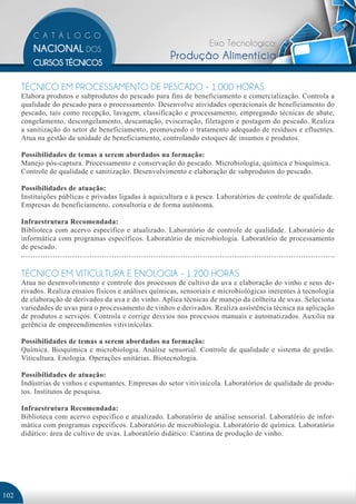 Eixo Tecnológico:
                                                        Produção Alimentícia

      TÉCNICO EM PROCESSAMENTO DE PESCADO - 1.000 HORAS
      Elabora produtos e subprodutos do pescado para fins de beneficiamento e comercialização. Controla a
      qualidade do pescado para o processamento. Desenvolve atividades operacionais de beneficiamento do
      pescado, tais como recepção, lavagem, classificação e processamento, empregando técnicas de abate,
      congelamento, descongelamento, descamação, evisceração, filetagem e postagem do pescado. Realiza
      a sanitização do setor de beneficiamento, promovendo o tratamento adequado de resíduos e efluentes.
      Atua na gestão da unidade de beneficiamento, controlando estoques de insumos e produtos.

      Possibilidades de temas a serem abordados na formação:
      Manejo pós-captura. Processamento e conservação do pescado. Microbiologia, química e bioquímica.
      Controle de qualidade e sanitização. Desenvolvimento e elaboração de subprodutos do pescado.

      Possibilidades de atuação:
      Instituições públicas e privadas ligadas à aquicultura e à pesca. Laboratórios de controle de qualidade.
      Empresas de beneficiamento, consultoria e de forma autônoma.

      Infraestrutura Recomendada:
      Biblioteca com acervo específico e atualizado. Laboratório de controle de qualidade. Laboratório de
      informática com programas específicos. Laboratório de microbiologia. Laboratório de processamento
      de pescado.


      TÉCNICO EM VITICULTURA E ENOLOGIA - 1.200 HORAS
      Atua no desenvolvimento e controle dos processos de cultivo da uva e elaboração do vinho e seus de-
      rivados. Realiza ensaios físicos e análises químicas, sensoriais e microbiológicas inerentes à tecnologia
      de elaboração de derivados da uva e do vinho. Aplica técnicas de manejo da colheita de uvas. Seleciona
      variedades de uvas para o processamento de vinhos e derivados. Realiza assistência técnica na aplicação
      de produtos e serviços. Controla e corrige desvios nos processos manuais e automatizados. Auxilia na
      gerência de empreendimentos vitivinícolas.

      Possibilidades de temas a serem abordados na formação:
      Química. Bioquímica e microbiologia. Análise sensorial. Controle de qualidade e sistema de gestão.
      Viticultura. Enologia. Operações unitárias. Biotecnologia.

      Possibilidades de atuação:
      Indústrias de vinhos e espumantes. Empresas do setor vitivinícola. Laboratórios de qualidade de produ-
      tos. Institutos de pesquisa.

      Infraestrutura Recomendada:
      Biblioteca com acervo específico e atualizado. Laboratório de análise sensorial. Laboratório de infor-
      mática com programas específicos. Laboratório de microbiologia. Laboratório de química. Laboratório
      didático: área de cultivo de uvas. Laboratório didático: Cantina de produção de vinho.




102
 