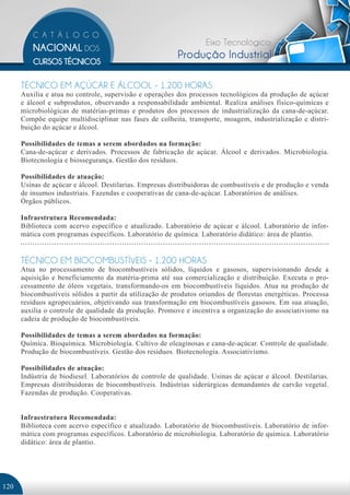 Eixo Tecnológico:
                                                          Produção Industrial

      TÉCNICO EM AÇÚCAR E ÁLCOOL - 1.200 HORAS
      Auxilia e atua no controle, supervisão e operações dos processos tecnológicos da produção de açúcar
      e álcool e subprodutos, observando a responsabilidade ambiental. Realiza análises físico-químicas e
      microbiológicas de matérias-primas e produtos dos processos de industrialização da cana-de-açúcar.
      Compõe equipe multidisciplinar nas fases de colheita, transporte, moagem, industrialização e distri-
      buição do açúcar e álcool.

      Possibilidades de temas a serem abordados na formação:
      Cana-de-açúcar e derivados. Processos de fabricação de açúcar. Álcool e derivados. Microbiologia.
      Biotecnologia e biossegurança. Gestão dos resíduos.

      Possibilidades de atuação:
      Usinas de açúcar e álcool. Destilarias. Empresas distribuidoras de combustíveis e de produção e venda
      de insumos industriais. Fazendas e cooperativas de cana-de-açúcar. Laboratórios de análises.
      Órgãos públicos.

      Infraestrutura Recomendada:
      Biblioteca com acervo específico e atualizado. Laboratório de açúcar e álcool. Laboratório de infor-
      mática com programas específicos. Laboratório de química. Laboratório didático: área de plantio.


      TÉCNICO EM BIOCOMBUSTÍVEIS - 1.200 HORAS
      Atua no processamento de biocombustíveis sólidos, líquidos e gasosos, supervisionando desde a
      aquisição e beneficiamento da matéria-prima até sua comercialização e distribuição. Executa o pro-
      cessamento de óleos vegetais, transformando-os em biocombustíveis líquidos. Atua na produção de
      biocombustíveis sólidos a partir da utilização de produtos oriundos de florestas energéticas. Processa
      resíduos agropecuários, objetivando sua transformação em biocombustíveis gasosos. Em sua atuação,
      auxilia o controle de qualidade da produção. Promove e incentiva a organização do associativismo na
      cadeia de produção de biocombustíveis.

      Possibilidades de temas a serem abordados na formação:
      Química. Bioquímica. Microbiologia. Cultivo de oleaginosas e cana-de-açúcar. Controle de qualidade.
      Produção de biocombustíveis. Gestão dos resíduos. Biotecnologia. Associativismo.

      Possibilidades de atuação:
      Indústria de biodiesel. Laboratórios de controle de qualidade. Usinas de açúcar e álcool. Destilarias.
      Empresas distribuidoras de biocombustíveis. Indústrias siderúrgicas demandantes de carvão vegetal.
      Fazendas de produção. Cooperativas.


      Infraestrutura Recomendada:
      Biblioteca com acervo específico e atualizado. Laboratório de biocombustíveis. Laboratório de infor-
      mática com programas específicos. Laboratório de microbiologia. Laboratório de química. Laboratório
      didático: área de plantio.




120
 