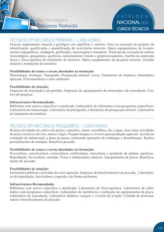 Eixo Tecnológico:
                   Recursos Naturais

TÉCNICO EM RECURSOS MINERAIS - 1.200 HORAS
Executa mapeamento mineral e geológico em superfície e subsolo. Atua na execução de projetos de
identificação, qualificação e quantificação de ocorrências minerais. Opera equipamentos de levanta-
mentos topográficos, sondagem, perfuração, amostragem e transporte. Participa da execução de análise
mineralógica, geoquímica, geofísica, sensoriamento remoto e geoprocessamento. Auxilia na separação
física e físico-química do tratamento de minérios. Opera equipamentos de pesquisa mineral, extração
mineral e tratamento de minérios.

Possibilidades de temas a serem abordados na formação:
Mineralogia. Geologia. Topografia. Prospecção mineral. Lavra. Tratamento de minérios. Informática
aplicada. Eletromecânica e meio ambiente.

Possibilidades de atuação:
Empresas de mineração e de petróleo. Empresas de equipamentos de mineração e de consultoria. Cen-
tros de pesquisa.

Infraestrutura Recomendada:
Biblioteca com acervo específico e atualizado. Laboratório de informática com programas específicos.
Laboratório de mineralogia. Laboratório de petrografia. Laboratório de prospecção mineral. Laboratório
de tratamento de minérios.


TÉCNICO EM RECURSOS PESQUEIROS - 1.000 HORAS
Realiza atividades de cultivo de peixes, camarões, ostras, mexilhões, rãs e algas, bem como atividades
de pesca extrativa em rios, mares e lagos. Prepara tanques e viveiros para produção aquícola. Auxilia na
condução de embarcação a áreas de pesca, realizando operações de embarque e desembarque. Realiza
procedimentos de armação. Beneficia pescado.

Possibilidades de temas a serem abordados na formação:
Piscicultura, carcinicultura, ostreicultura, mitilicultura, ranicultura e produção de plantas aquáticas.
Reprodução, larvicultura, nutrição. Pesca e embarcações náuticas. Equipamentos de pesca. Beneficia-
mento do pescado.

Possibilidades de atuação:
Instituições públicas e privadas do setor aquícola. Empresas de beneficiamento de pescado. Laboratóri-
os de reprodução, larvicultura e engorda e de forma autônoma.

Infraestrutura Recomendada:
Biblioteca com acervo específico e atualizado. Laboratório de físico-química. Laboratório de infor-
mática com programas específicos. Laboratório de marinharia e confecção de equipamentos de pesca.
Laboratório de reprodução. Laboratório didático: tanques e viveiros de criação. Unidade de processa-
mento e beneficiamento de pescado.




                                                                                                           137
 
