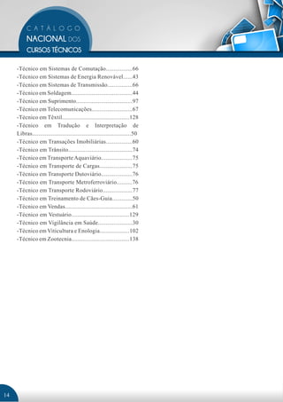 -Técnico em Sistemas de Comutação.................66
     -Técnico em Sistemas de Energia Renovável......43
     -Técnico em Sistemas de Transmissão................66
     -Técnico em Soldagem.......................................44
     -Técnico em Suprimento....................................97
     -Técnico em Telecomunicações..........................67
     -Técnico em Têxtil...........................................128
     -Técnico em Tradução e Interpretação de
     Libras...............................................................50
     -Técnico em Transações Imobiliárias.................60
     -Técnico em Trânsito.........................................74
     -Técnico em Transporte Aquaviário....................75
     -Técnico em Transporte de Cargas.....................75
     -Técnico em Transporte Dutoviário....................76
     -Técnico em Transporte Metroferroviário..........76
     -Técnico em Transporte Rodoviário...................77
     -Técnico em Treinamento de Cães-Guia.............50
     -Técnico em Vendas...........................................61
     -Técnico em Vestuário.....................................129
     -Técnico em Vigilância em Saúde......................30
     -Técnico em Viticultura e Enologia...................102
     -Técnico em Zootecnia.....................................138




14
 