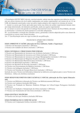 Resolução CNE/CEB Nº04 de
                   06 de Junho de 2012

e Tecnológica (SETEC/MEC) deverá, conclusivamente, adotar uma das seguintes providências em rela-
ção aos cursos técnicos de nível médio implantados em caráter experimental, nos termos do art. 81 da
LDB, devidamente autorizados como tais pelos órgãos próprios dos respectivos sistemas de ensino:
I - manter os cursos que foram aprovados para terem sua oferta em caráter experimental durante mais
um tempo determinado, devidamente justificado, ainda em regime experimental.
II - ou incluir os cursos em questão no Catálogo Nacional de Cursos Técnicos de Nível Médio, devendo
as instituições e sistemas de ensino promover as devidas adequações.
III - ou recomendar a extinção dos referidos cursos, garantindo o direito adquirido pelos seus alunos de
concluírem os cursos como foram iniciados.
Art. 5º Esta Resolução entra em vigor na data de sua publicação.

                              FRANCISCO APARECIDO CORDÃO
                                             ANEXO
EIXO AMBIENTE E SAÚDE (alteração do Eixo Ambiente, Saúde e Segurança)
1-Técnico em Necropsia (inclusão) 1.200 horas
2-Técnico em Cuidados de Idosos (inclusão) 1.200 horas

EIXO CONTROLE E PROCESSOS INDUSTRIAIS
3-Técnico em Manutenção de Aeronaves em Aviônicos (inclusão) 1.200 horas
4-Técnico em Manutenção de Aeronaves em Célula (inclusão) 1.200 horas
5-Técnico em Manutenção de Aeronaves em Grupo Motopropulsor (inclusão) 1.200 horas
6-Técnico em Manutenção de Máquinas Pesadas (inclusão) 1.200 horas
7-Técnico em Manutenção Metroferroviária (inclusão) 1.200 horas
8-Técnico em Metrologia (inclusão) 1.200 horas
9-Técnico em Mecânica de Precisão (inclusão) 1.200 horas
10-Técnico em Processamento da Madeira (inclusão) 1.200 horas
11-Técnico em Soldagem (inclusão) 1.200 horas
12-Técnico em Sistemas de Energia Renovável (inclusão) 1.200 horas
Inclusão do curso Técnico em Informática Industrial na tabela de convergência para o curso Técnico em
Eletrônica - ênfase em eletrônica (inclusão)

EIXO DESENVOLVIMENTO EDUCACIONAL E SOCIAL (alteração do Eixo Apoio Educacio-
nal)
13-Técnico em Biblioteca (alteração do Técnico em Biblioteconomia) 800 horas
14-Técnico em Ludoteca (inclusão) 800 horas
15-Técnico em Produção de Materiais Didáticos Bilíngue em Libras/Língua Portuguesa (inclusão)
1.200 horas
16-Técnico em Tradução e Interpretação de Libras (inclusão) 1.200 horas
17-Técnico em Treinamento de Cães-Guia (inclusão) 1.200 horas

EIXO GESTÃO E NEGÓCIOS
18-Técnico em Serviços Jurídicos (inclusão) 800 horas

EIXO INFORMAÇÃO E COMUNICAÇÃO
19-Técnico em Computação Gráfica (inclusão) 1.000 horas




                                                                                                           147
 