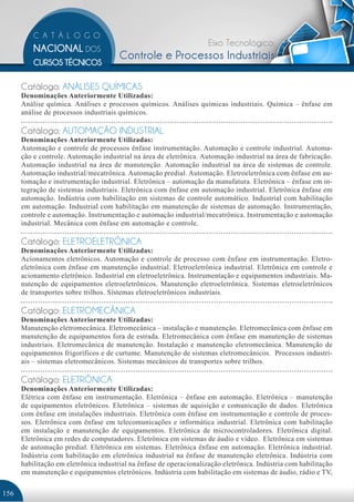 Eixo Tecnológico:
                                       Controle e Processos Industriais

      Catálogo: ANÁLISES QUÍMICAS
      Denominações Anteriormente Utilizadas:
      Análise química. Análises e processos químicos. Análises químicas industriais. Química – ênfase em
      análise de processos industriais químicos.

      Catálogo: AUTOMAÇÃO INDUSTRIAL
      Denominações Anteriormente Utilizadas:
      Automação e controle de processos ênfase instrumentação. Automação e controle industrial. Automa-
      ção e controle. Automação industrial na área de eletrônica. Automação industrial na área de fabricação.
      Automação industrial na área de manutenção. Automação industrial na área de sistemas de controle.
      Automação industrial/mecatrônica. Automação predial. Automação. Eletroeletrônica com ênfase em au-
      tomação e instrumentação industrial. Eletrônica – automação da manufatura. Eletrônica – ênfase em in-
      tegração de sistemas industriais. Eletrônica com ênfase em automação industrial. Eletrônica ênfase em
      automação. Indústria com habilitação em sistemas de controle automático. Industrial com habilitação
      em automação. Industrial com habilitação em manutenção de sistemas de automação. Instrumentação,
      controle e automação. Instrumentação e automação industrial/mecatrônica. Instrumentação e automação
      industrial. Mecânica com ênfase em automação e controle.

      Catálogo: ELETROELETRÔNICA
      Denominações Anteriormente Utilizadas:
      Acionamentos eletrônicos. Automação e controle de processo com ênfase em instrumentação. Eletro-
      eletrônica com ênfase em manutenção industrial. Eletroeletrônica industrial. Eletrônica em controle e
      acionamento eletrônico. Industrial em eletroeletrônica. Instrumentação e equipamentos industriais. Ma-
      nutenção de equipamentos eletroeletrônicos. Manutenção eletroeletrônica. Sistemas eletroeletrônicos
      de transportes sobre trilhos. Sistemas eletroeletrônicos industriais.

      Catálogo: ELETROMECÂNICA
      Denominações Anteriormente Utilizadas:
      Manutenção eletromecânica. Eletromecânica – instalação e manutenção. Eletromecânica com ênfase em
      manutenção de equipamentos fora de estrada. Eletromecânica com ênfase em manutenção de sistemas
      industriais. Eletromecânica de manutenção. Instalação e manutenção eletromecânica. Manutenção de
      equipamentos frigoríficos e de curtume. Manutenção de sistemas eletromecânicos. Processos industri-
      ais – sistemas eletromecânicos. Sistemas mecânicos de transportes sobre trilhos.

      Catálogo: ELETRÔNICA
      Denominações Anteriormente Utilizadas:
      Elétrica com ênfase em instrumentação. Eletrônica – ênfase em automação. Eletrônica – manutenção
      de equipamentos eletrônicos. Eletrônica – sistemas de aquisição e comunicação de dados. Eletrônica
      com ênfase em instalações industriais. Eletrônica com ênfase em instrumentação e controle de proces-
      sos. Eletrônica com ênfase em telecomunicações e informática industrial. Eletrônica com habilitação
      em instalação e manutenção de equipamentos. Eletrônica de microcontroladores. Eletrônica digital.
      Eletrônica em redes de computadores. Eletrônica em sistemas de áudio e vídeo. Eletrônica em sistemas
      de automação predial. Eletrônica em sistemas. Eletrônica ênfase em automação. Eletrônica industrial.
      Indústria com habilitação em eletrônica industrial na ênfase de manutenção eletrônica. Indústria com
      habilitação em eletrônica industrial na ênfase de operacionalização eletrônica. Indústria com habilitação
      em manutenção e equipamentos eletrônicos. Indústria com habilitação em sistemas de áudio, rádio e TV,

156
 