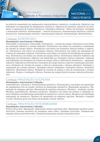 Eixo Tecnológico:
                    Controle e Processos Industriais

na ênfase de manutenção em equipamentos eletroeletrônicos comerciais e residenciais. Industrial com
habilitação em manutenção de equipamentos eletrônicos. Industrial em eletrônica. Industrial em insta-
lações e manutenção de sistemas eletrônicos. Informática Industrial - ênfase em eletrônica. Instalação
e manutenção eletrônica. Instrumentação – controle de processos. Instrumentação eletrônica e controle
de processos. Instrumentação eletrônica. Instrumentação industrial. Instrumentação. Microeletrônica.

Catálogo: ELETROTÉCNICA
Denominações Anteriormente Utilizadas:
Eletricidade e instrumentos. Eletricidade. Eletrotécnica – sistemas de energia. Eletrotécnica com ênfase
em automação industrial e controle ambiental. Eletrotécnica com ênfase em instalações e manutenção
de sistemas de energia elétrica. Eletrotécnica com ênfase em instalações elétricas prediais e industri-
ais. Eletrotécnica com ênfase em instalações elétricas. Eletrotécnica com ênfase em manutenção de
sistemas de automação industrial. Eletrotécnica com ênfase em sistemas de distribuição de energia elé-
trica. Eletrotécnica com ênfase em sistemas de energia elétrica. Eletrotécnica industrial. Indústria com
habilitação em eletrotécnica. Indústria com habilitação em instalações elétricas industriais. Industrial
com habilitação em instalações de sistemas de energia elétrica. Industrial de eletrotécnica – automação
industrial. Industrial em eletrotécnica. Instalações de energia elétrica e redes de comunicação (eletrotéc-
nica). Instalações de sistemas de energia e redes de comunicação e sistemas industriais. Instalações e
manutenção em sistemas elétricos. Instalações elétricas inteligentes. Instalações elétricas. Instalações
industriais. Manutenção elétrica. Produção de sistemas de energia e redes de comunicação e sistemas
industriais. Projetos e instalações elétricas. Sistemas de energia elétrica/sistemas industriais/eletrotéc-
nica.

Catálogo: MANUTENÇÃO AUTOMOTIVA
Denominações Anteriormente Utilizadas:
Automobilística. Automotivo. Eletroeletrônica automotiva. Eletromecânica com ênfase em manutenção
de equipamentos fora de estrada. Gerência de manutenção automotiva. Manutenção automotiva. Ma-
nutenção de máquinas agrícolas. Manutenção de mecânica automotiva. Mecânica – produção veicular.
Mecânica automobilística. Mecânica automotiva. Mecânica com ênfase em motores a combustão in-
terna. Mecânica com habilitação manutenção de automóveis e motor a diesel. Mecânica com habilitação
manutenção de automóveis. Mecânica de manutenção em máquinas agrícolas. Mecânica e inspeção
veicular. Mecânica geral com ênfase em produção veicular. Motores.

Catálogo: MANUTENÇÃO METROFERROVIÁRIA
Denominações Anteriormente Utilizadas:
Elétrica ferroviária. Manutenção. Manutenção elétrica metroferroviária. Manutenção mecânica metro-
ferroviária. Sistemas mecânicos de transportes sobre trilhos. Transporte ferroviário. Transporte/ma-
nutenção elétrica metroferroviária. Transporte/manutenção mecânica metroferroviária.




                                                                                                              157
 