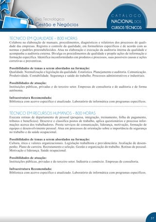 Eixo Tecnológico:
                   Gestão e Negócios

TÉCNICO EM QUALIDADE - 800 HORAS
Colabora na elaboração de manuais, procedimentos, diagnósticos e relatórios dos processos de quali-
dade das empresas. Registra o controle da qualidade, em formulários específicos e de acordo com as
normas e padrões preestabelecidos. Atua na elaboração e execução da auditoria interna da qualidade e
acompanha a auditoria externa. Divulga os procedimentos de qualidade e propõe ações de informação e
formação específica. Identifica inconformidades em produtos e processos, suas possíveis causas e ações
corretivas e preventivas.

Possibilidades de temas a serem abordados na formação:
Qualidade. Normalização e legislação da qualidade. Estatística. Planejamento e auditoria. Comunicação.
Produtividade. Contabilidade. Segurança e saúde do trabalho. Processos administrativos e industriais.

Possibilidades de atuação:
Instituições públicas, privadas e do terceiro setor. Empresas de consultoria e de auditoria e de forma
autônoma.

Infraestrutura Recomendada:
Biblioteca com acervo específico e atualizado. Laboratório de informática com programas específicos.


TÉCNICO EM RECURSOS HUMANOS - 800 HORAS
Executa rotinas de departamento de pessoal (pesquisa, integração, treinamento, folha de pagamento,
tributos e benefícios). Descreve e classifica postos de trabalho, aplica questionários e processa infor-
mações acerca dos trabalhadores. Presta serviços de comunicação, liderança, motivação, formação de
equipes e desenvolvimento pessoal. Atua em processos de orientação sobre a importância da segurança
no trabalho e da saúde ocupacional.

Possibilidades de temas a serem abordados na formação:
Cultura, ética e valores organizacionais. Legislação trabalhista e previdenciária. Avaliação de desem-
penho. Plano de carreira. Recrutamento e seleção. Gestão e organização do trabalho. Rotinas de pessoal.
Motivação e liderança. Saúde ocupacional.

Possibilidades de atuação:
Instituições públicas, privadas e do terceiro setor. Indústria e comércio. Empresas de consultoria.

Infraestrutura Recomendada:
Biblioteca com acervo específico e atualizado. Laboratório de informática com programas específicos.




                                                                                                           57
 