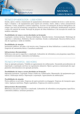 Eixo Tecnológico:
                   Infraestrutura

TÉCNICO EM HIDROLOGIA - 1.000 HORAS
Instala, opera e realiza a manutenção de equipamentos destinados à medição de níveis e vazão em rios,
lagos e estuários. e de equipamentos para registro de correntes, marés, ondas e outras características
marítimas. Coleta, interpreta e analisa sedimentos. Executa o levantamento de bacias hidrográficas em
campo e por meio de ferramentas cartográficas. Realiza ensaios de infiltração, bombeamento em poços
e ações de controle de erosão. Participa de projetos de obras hidráulicas e da execução de estudos em
modelos reduzidos.

Possibilidades de temas a serem abordados na formação:
Legislação e normas técnicas. Sistemas hidrológicos. Desenho técnico. Instrumentação. Hidrologia de
superfície e subterrânea. Hidráulica fluvial e marítima. Erosão e sedimentação. Recursos hídricos.Nor-
mas de segurança e saúde no trabalho.

Possibilidades de atuação:
Instituições públicas, privadas e do terceiro setor. Empresas de obras hidráulicas e controle de erosão.
Empresas de saneamento básico. Consultoria ambiental.

Infraestrutura Recomendada:
Biblioteca com acervo específico e atualizado. Laboratório de informática com programas específicos.
Laboratório de desenho. Laboratório de hidráulica.


TÉCNICO EM PORTOS - 800 HORAS
Atua na operação portuária. Trabalha no agenciamento de embarcações. Encaminha procedimentos de
importação e exportação com base no regulamento aduaneiro. Opera e gerencia a manutenção dos equi-
pamentos eletromecânicos de operação portuária.

Possibilidades de temas a serem abordados na formação:
Operações portuárias. Legislação. Portos e hidrovias. Embarcações. Manutenção. de equipamentos por-
tuários. Sinalização náutica. Importação e exportação. Agenciamento de embarcações.

Possibilidades de atuação:
Portos públicos ou privados. Empresas de apoio portuário ou dragagem. Empresas de transporte aqua-
viário. Agências marítimas. Órgãos reguladores. Empresas de comércio exterior.

Infraestrutura Recomendada:
Biblioteca com acervo específico e atualizado. Laboratório de informática com programas específicos.
Laboratório didático: terminais portuários.




                                                                                                           73
 