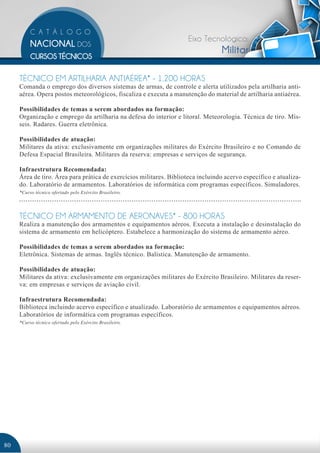 Eixo Tecnológico:
                                                                                  Militar

     TÉCNICO EM ARTILHARIA ANTIAÉREA* - 1.200 HORAS
     Comanda o emprego dos diversos sistemas de armas, de controle e alerta utilizados pela artilharia anti-
     aérea. Opera postos meteorológicos, fiscaliza e executa a manutenção do material de artilharia antiaérea.

     Possibilidades de temas a serem abordados na formação:
     Organização e emprego da artilharia na defesa do interior e litoral. Meteorologia. Técnica de tiro. Mís-
     seis. Radares. Guerra eletrônica.

     Possibilidades de atuação:
     Militares da ativa: exclusivamente em organizações militares do Exército Brasileiro e no Comando de
     Defesa Espacial Brasileira. Militares da reserva: empresas e serviços de segurança.

     Infraestrutura Recomendada:
     Área de tiro. Área para prática de exercícios militares. Biblioteca incluindo acervo específico e atualiza-
     do. Laboratório de armamentos. Laboratórios de informática com programas específicos. Simuladores.
     *Curso técnico ofertado pelo Exército Brasileiro.




     TÉCNICO EM ARMAMENTO DE AERONAVES* - 800 HORAS
     Realiza a manutenção dos armamentos e equipamentos aéreos. Executa a instalação e desinstalação do
     sistema de armamento em helicóptero. Estabelece a harmonização do sistema de armamento aéreo.

     Possibilidades de temas a serem abordados na formação:
     Eletrônica. Sistemas de armas. Inglês técnico. Balística. Manutenção de armamento.

     Possibilidades de atuação:
     Militares da ativa: exclusivamente em organizações militares do Exército Brasileiro. Militares da reser-
     va: em empresas e serviços de aviação civil.

     Infraestrutura Recomendada:
     Biblioteca incluindo acervo específico e atualizado. Laboratório de armamentos e equipamentos aéreos.
     Laboratórios de informática com programas específicos.
     *Curso técnico ofertado pelo Exército Brasileiro.




80
 
