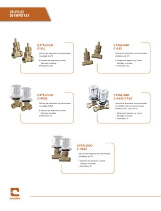 VÁLVULAS
DE EMPOTRAR
CATÁLOGO
C-52L
Válvula de empotrar con terminales
roscadas de 1/2
• Sistema de apertura y cierre:
Vástago roscable
• Manerales: No
CATÁLOGO
C-4052
Válvula de empotrar con terminales
roscadas de 1/2
• Sistema de apertura y cierre:
Vástago roscable
• Manerales: Sí
CATÁLOGO
C-4652
Válvula de empotrar con terminales
soldables de 1/2
• Sistema de apertura y cierre:
Vástago roscable
• Manerales: Sí
CATÁLOGO
C-4652-CPVC
Válvula de empotrar con terminales
con sistema de compresión para
tubería CPVC Tubo RD-11
• Sistema de apertura y cierre:
Vástago roscable
• Manerales: Sí
CATÁLOGO
C-652
Válvula de empotrar con terminales
soldables de 1/2
• Sistema de apertura y cierre:
Vástago roscable
• Manerales: No
 
