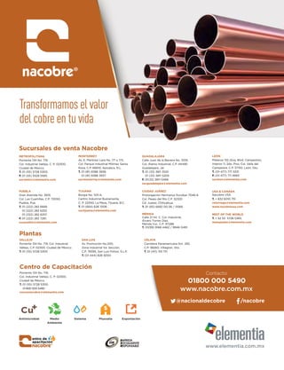 Antimicrobial Medio
Ambiente
Sistema Plusvalía Exportación
Transformamos el valor
del cobre en tu vida
MONTERREY
Av. E. Martínez Lara No. 171 y 173,
Col. Parque Industrial Milimex Santa
Rosa, C.P. 66610, Apodaca, N.L.
T. 01 (81) 8386 3936
01 (81) 8386 3937.
sucmonterrey@elementia.com
TIJUANA
Borgia No. 103-A,
Centro Industrial Bustamante,
C. P. 22450, La Mesa, Tijuana, B.C.
T. 01 (664) 626 1008.
suctijuana@elementia.com
METROPOLITANA
Poniente 134 No. 719,
Col. Industrial Vallejo, C. P. 02300,
Ciudad de México.
T. 01 (55) 5728 5300.
F. 01 (55) 5528 5585.
sucmetro@elementia.com
Poniente 134 No. 719,
Col. Industrial Vallejo, C. P. 02300,
Ciudad de México.
T. 01 (55) 5728 5300.
01 800 000 5490
cursosnacobre@elementia.com
PUEBLA
Gran Avenida No. 3619,
Col. Las Cuartillas, C.P. 72050,
Puebla, Pue.
T. 01 (222) 282 6666
01 (222) 282 6253
01 (222) 282 6257.
F. 01 (222) 282 7281.
sucpuebla@elementia.com
GUADALAJARA
Calle Juan de la Barrera No. 3335
Col. Álamo Industrial, C.P. 44490
Guadalajara, Jal.
T. 01 (33) 3811 3100
01 (33) 3811 5209
F. 01(33) 3811-5466
sucguadalajara@elementia.com
CIUDAD JUÁREZ
Prolongación Hermanos Escobar 7046-6
Col. Paseo del Río C.P. 32320
Cd. Juarez, Chihuahua.
T. 01 (65) 6682 00-56 / 0066.
LEÓN
Plateros 132 (Esq. Blvd. Campestre),
Interior 11, 2do. Piso, Col. Valle del
Campestre, C.P. 37150, León, Gto.
T. (01-477) 771 3331
F. (01-477) 711 4993
sucleon@elementia.com
MÉRIDA
Calle 21 Int. C, Col. Industrial,
Álvaro Torres Diaz,
Mérida Yuc. C.P. 97288
T. 01(99) 9168 4462 / 9946 0491
USA  CANADA
Nacobre USA
T. + 832 6010 751.
relorriaga@elementia.com
www.nacobreusa.com
REST OF THE WORLD
T. + 52 55 5728 5365.
maespadas@elementia.com
Sucursales de venta Nacobre
VALLEJO
Poniente 134 No. 719, Col. Industrial
T. 01 (55) 5728 5300
Vallejo, C.P. 02300, Ciudad de México.
CELAYA
Carretera Panamericana Km. 292,
C.P. 38260, Villagran, Gto.
T. 01 (411) 155 1111.
SAN LUIS
Av. Promoción No.200,
Zona Industrial 1ra. Sección,
C.P. 78395, San Luis Potosí, S.L.P.
T. (01 444) 826 9200
Plantas
Centro de Capacitación
www.elementia.com.mx
Contacto:
01800 000 5490
www.nacobre.com.mx
/nacobre@nacionaldecobre
 