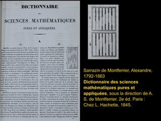 Sarrazin de Montferrier, Alexandre,
1792-1863
Dictionnaire des sciences
mathématiques pures et
appliquées, sous la direction de A.
S. de Montferrier. 2e éd. Paris :
Chez L. Hachette, 1845.
 