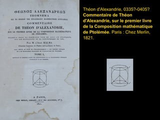 Théon d'Alexandrie, 0335?-0405?
Commentaire de Théon
d'Alexandrie, sur le premier livre
de la Composition mathématique
de Ptolémée. Paris : Chez Merlin,
1821.
 