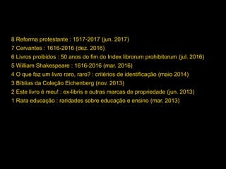8 Reforma protestante : 1517-2017 (jun. 2017)
7 Cervantes : 1616-2016 (dez. 2016)
6 Livros proibidos : 50 anos do fim do Index librorum prohibitorum (jul. 2016)
5 William Shakespeare : 1616-2016 (mar. 2016)
4 O que faz um livro raro, raro? : critérios de identificação (maio 2014)
3 Bíblias da Coleção Eichenberg (nov. 2013)
2 Este livro é meu! : ex-libris e outras marcas de propriedade (jun. 2013)
1 Rara educação : raridades sobre educação e ensino (mar. 2013)
 