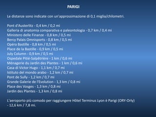 PARIGI 
Le distanze sono indicate con un'approssimazione di 0,1 miglia/chilometri. 
Pont d'Austerlitz - 0,4 km / 0,2 mi 
Galleria di anatomia comparativa e paleontologia - 0,7 km / 0,4 mi 
Ministero delle Finanze - 0,8 km / 0,5 mi 
Bercy Palais Omnisports - 0,8 km / 0,5 mi 
Opéra Bastille - 0,8 km / 0,5 mi 
Place de la Bastille - 0,9 km / 0,5 mi 
July Column - 0,9 km / 0,5 mi 
Ospedale Pitié-Salpêtrière - 1 km / 0,6 mi 
Ménagerie du Jardin des Plantes - 1 km / 0,6 mi 
Casa di Victor Hugo - 1,1 km / 0,7 mi 
Istituto del mondo arabo - 1,2 km / 0,7 mi 
Pont de Sully - 1,2 km / 0,7 mi 
Grande Galerie de l'Evolution - 1,3 km / 0,8 mi 
Place des Vosges - 1,3 km / 0,8 mi 
Jardin des Plantes - 1,3 km / 0,8 mi 
L'aeroporto più comodo per raggiungere Hôtel Terminus Lyon è Parigi (ORY-Orly) 
- 12,6 km / 7,8 mi. 
 